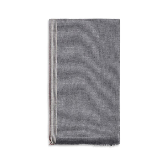 Scarf by Brunello Cucinelli for men in cashmere gray & patterned features a snug silhouette, perfectly showcasing the elegant drape and premium finish of the Cashmere Wrap Frayed-Edge Scarf.