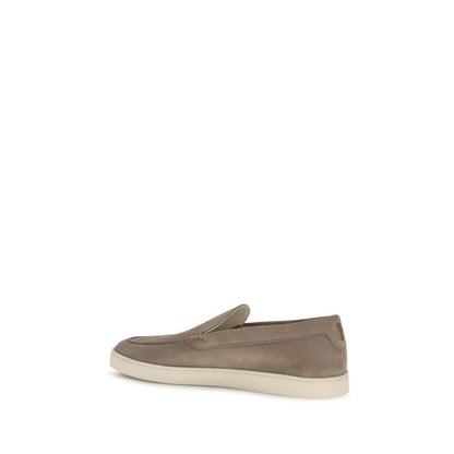 Flat Loafer Slip-On Shoes by Brunello Cucinelli for men in bos taurus calf suede leather gray features an effortless chic silhouette, showcasing the Men's Bos Taurus Calf Suede Leather Flat Loafer Slip-On Shoes design with an effortless chic flat and a for a effortless chic look.