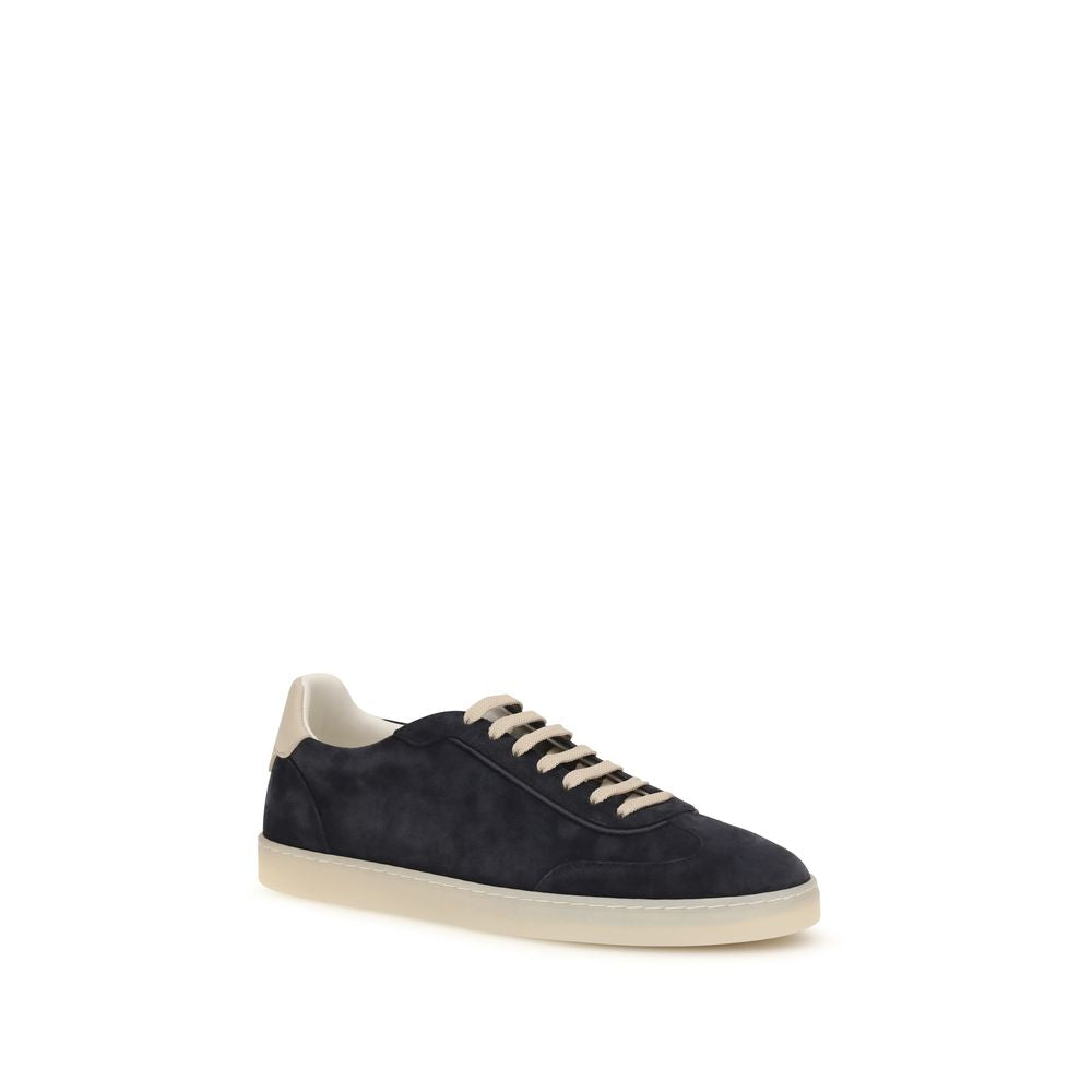 Sneakers by Brunello Cucinelli for men in bos taurus suede calf leather brown & natural presents a sumptuous silhouette, artfully capturing the essence of the Men's Low Top Bos Taurus Suede Calf Leather Sneakers with its sumptuous low-top style design.