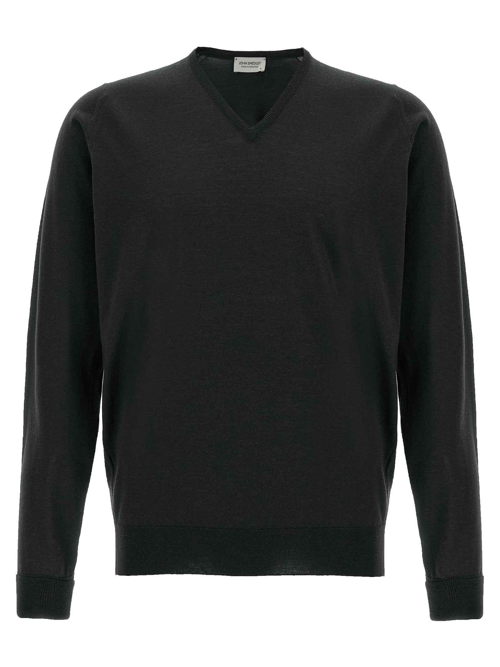 Cardigan by JOHN SMEDLEY for men in merino wool black showcases a luxurious silhouette, meticulously detailed with a sophisticated v-neck neckline and long-sleeve for a refined finish.