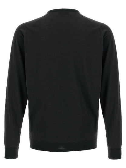 Cardigan by JOHN SMEDLEY for men in merino wool black features a dramatic silhouette, showcasing a sophisticated v-neck neckline and dramatic detail for a timeless, premium look.