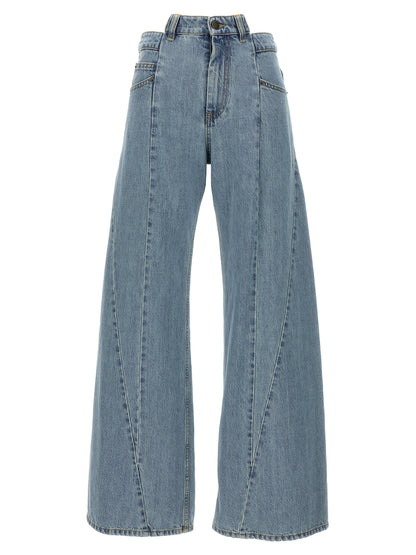 Jeans by Maison Margiela for women in denim cotton light-blue features an sartorial wide and long with a cut for a sartorial finish.