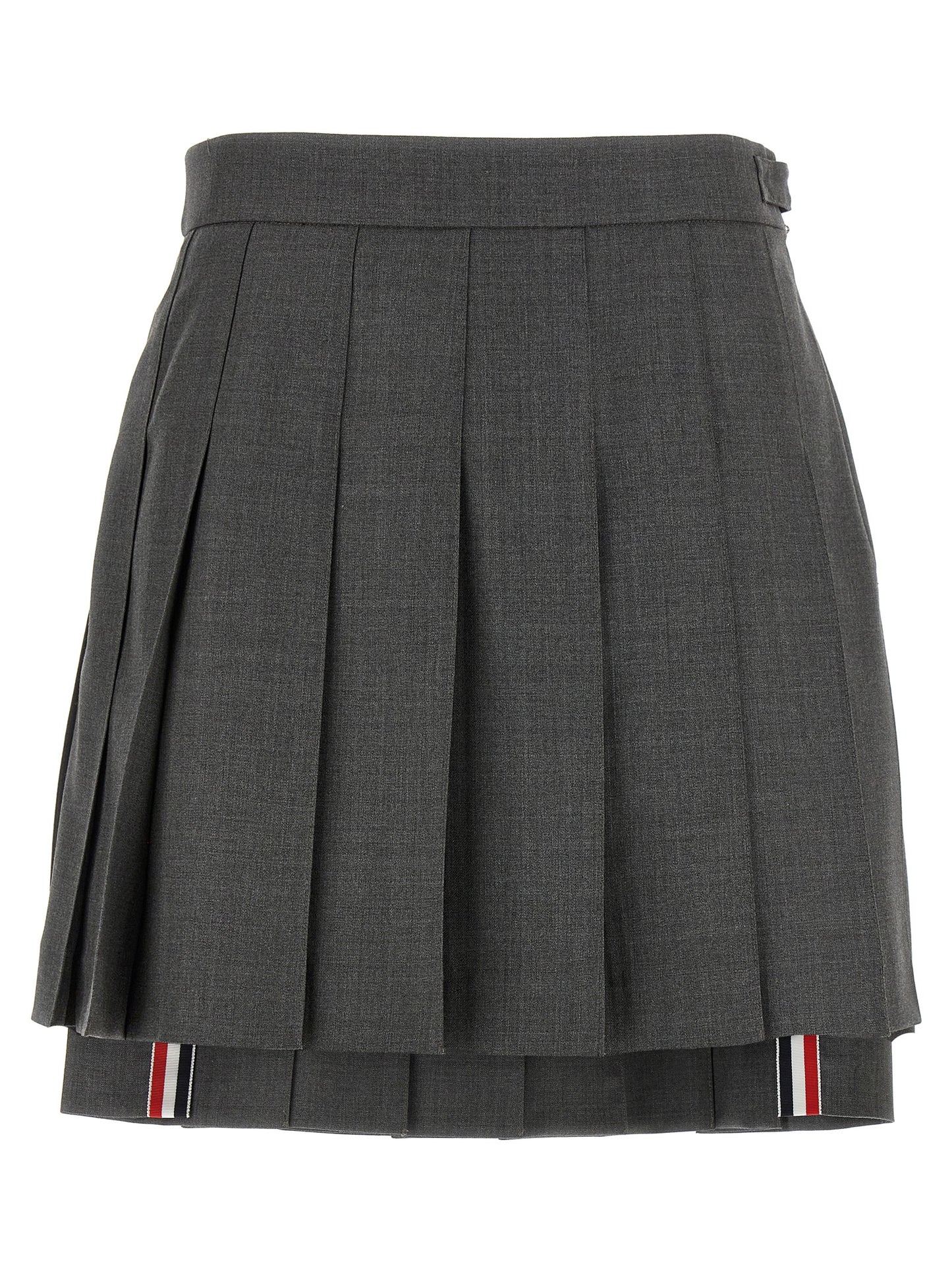 Skirt by Thom Browne for women in wool gray & signature features a captivating silhouette, showcasing the captivating Waves Women's Pleated Wool Long Skirt design with a sophisticated long for a captivating look.