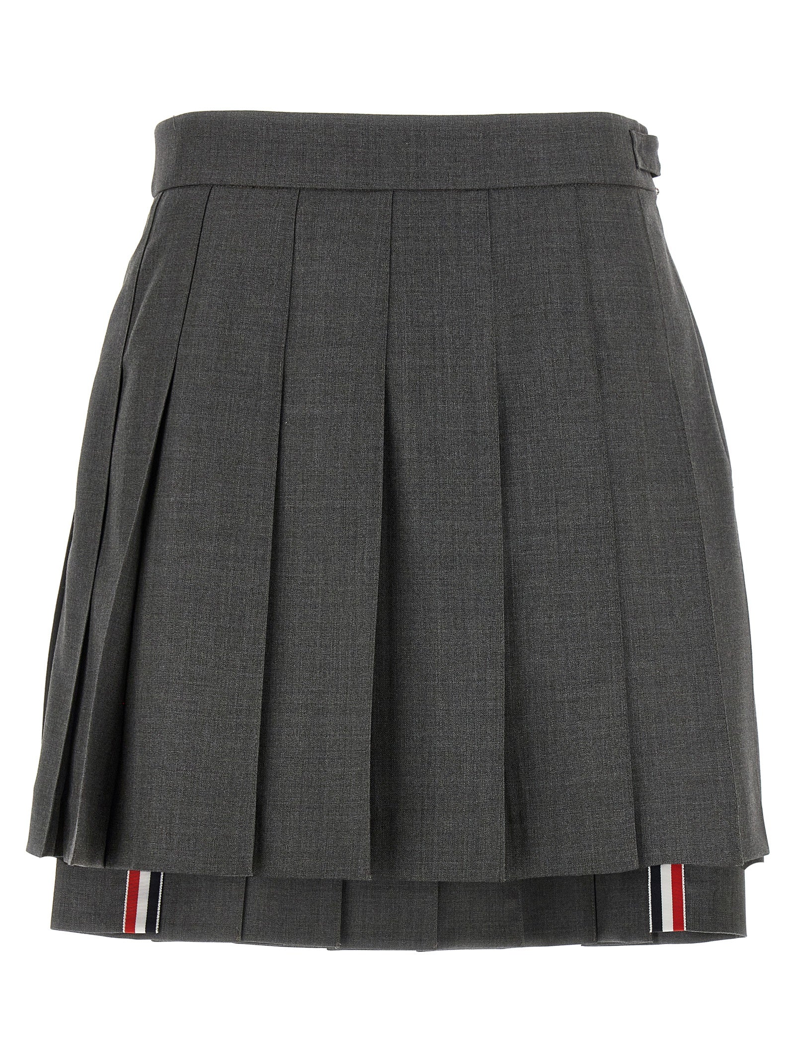 Skirt by Thom Browne for women in wool gray & signature features a captivating silhouette, showcasing the captivating Waves Women's Pleated Wool Long Skirt design with a sophisticated long for a captivating look.