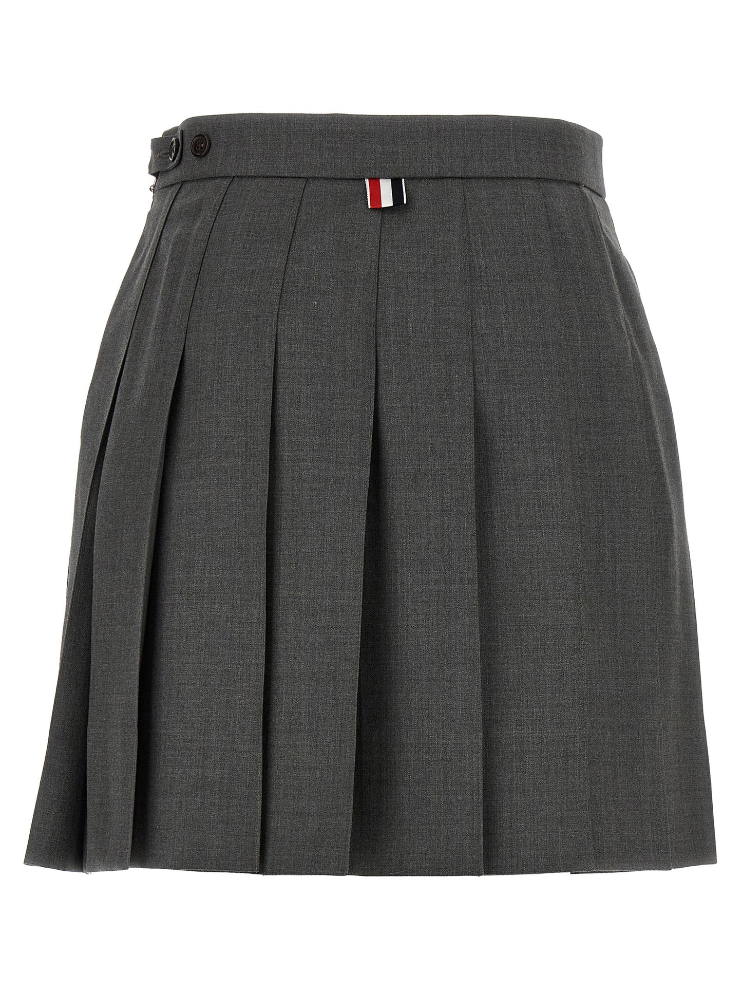 Skirt by Thom Browne for women in wool gray & signature showcases a sultry silhouette, elegantly defined by its long and the sophisticated sultry design of the Waves Women's Pleated Wool Long Skirt.