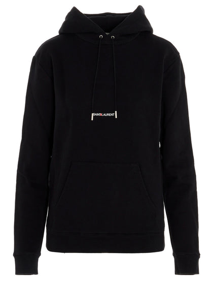 Sweatshirt Hoodie by Saint Laurent for women in cotton black & print features an dramatic silhouette, showcasing a sophisticated hooded neckline and dramatic for a refined, modern aesthetic.