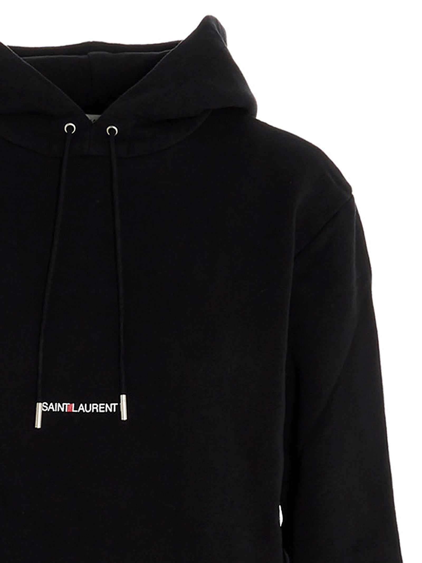 Sweatshirt Hoodie by Saint Laurent for women in cotton black & print features a slouchy chic silhouette, detailed with a slouchy chic and a signature hooded neckline for an elevated aesthetic.