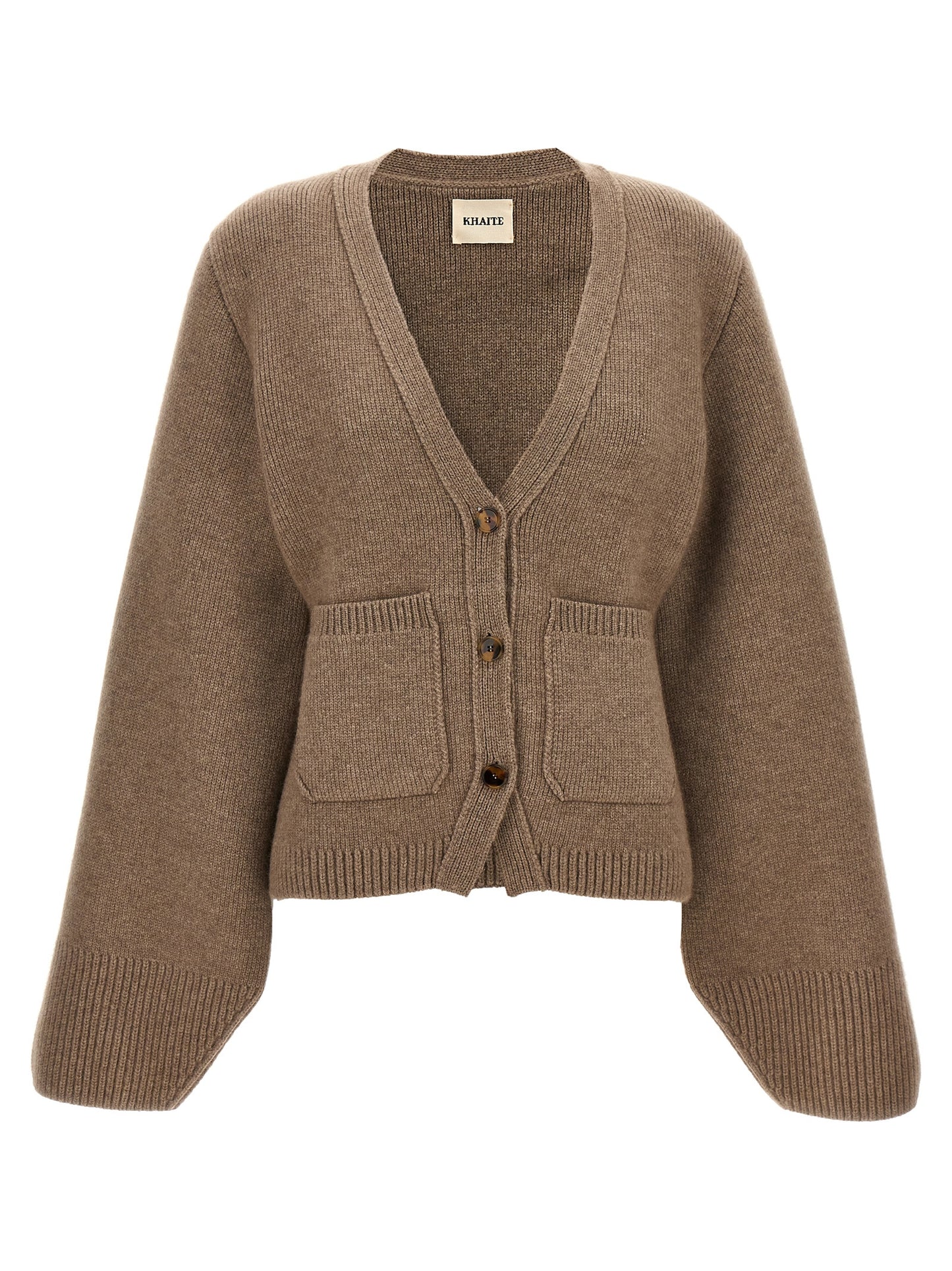 Cardigan by Khaite for women in cashmere brown features an crisp silhouette, showcasing a sophisticated v-neck neckline and detail for a truly crisp finish.