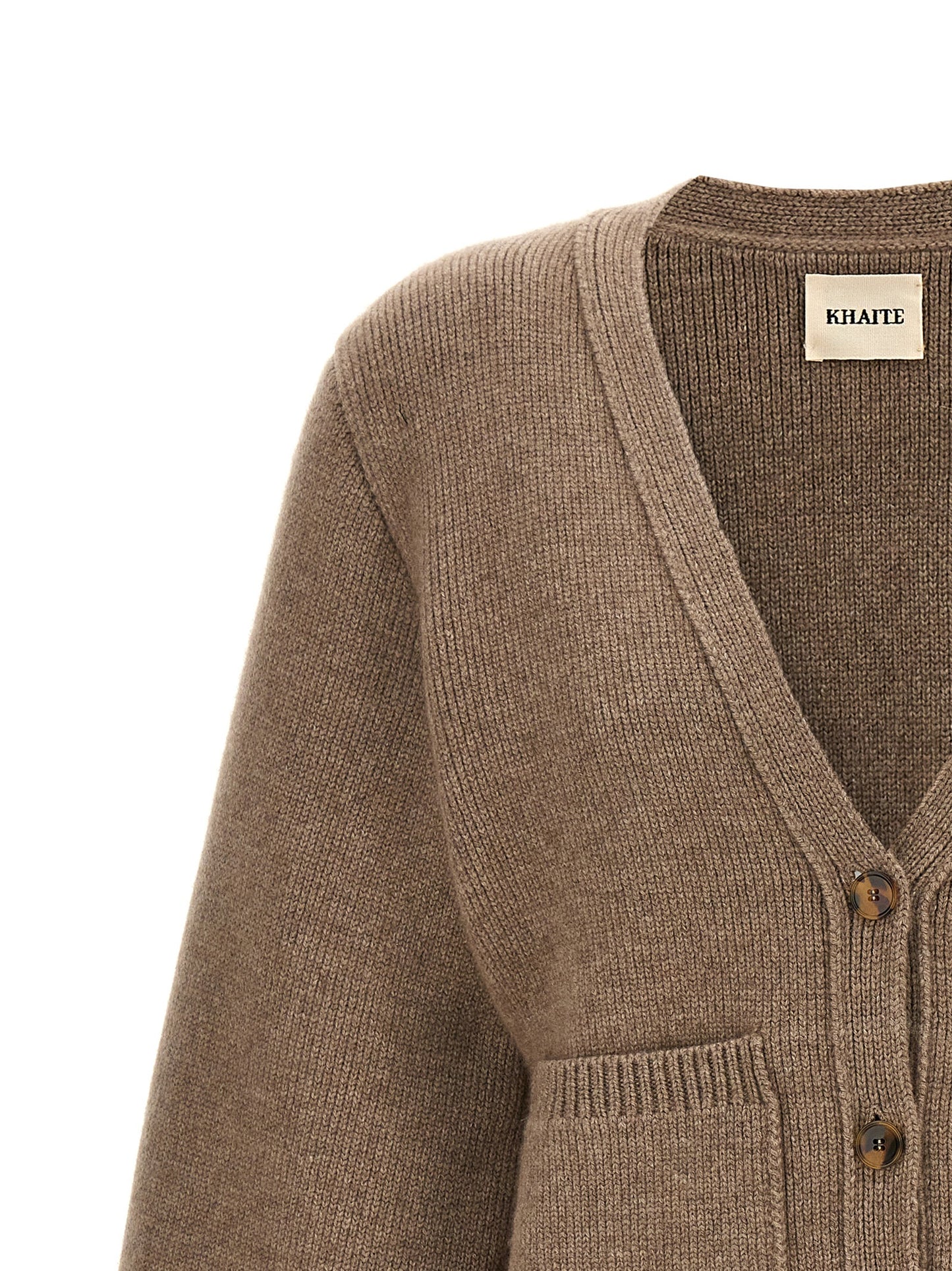 Cardigan by Khaite for women in cashmere brown features a dramatic silhouette, showcasing a sophisticated v-neck neckline and dramatic detail for a timeless, premium look.