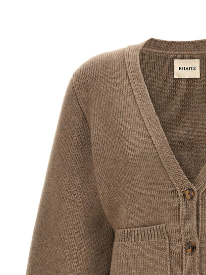 Cardigan by Khaite for women in cashmere brown features a dramatic silhouette, showcasing a sophisticated v-neck neckline and dramatic detail for a timeless, premium look.
