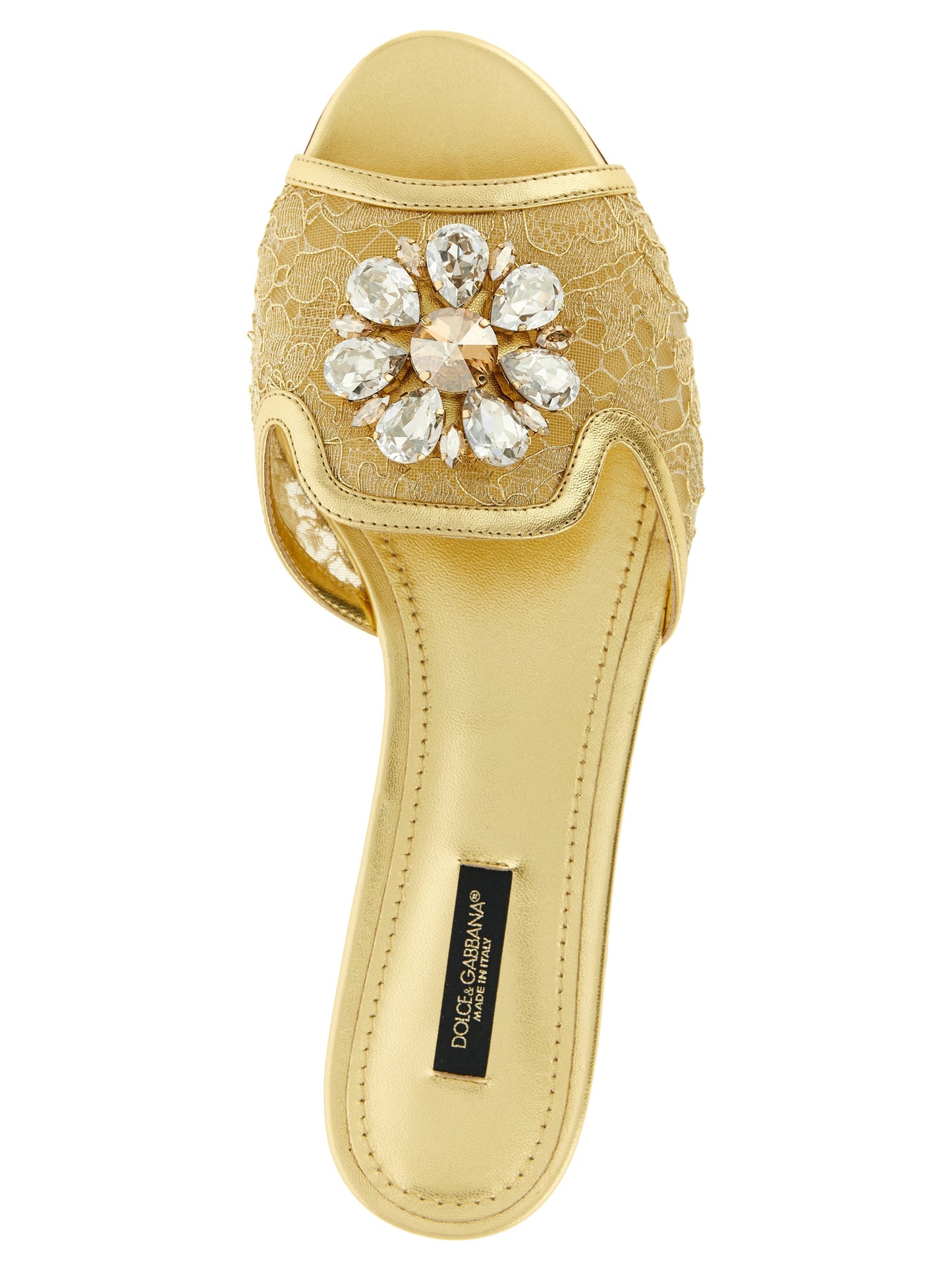 Sliders Sandals Flat Shoes by Dolce & Gabbana for women in polyamide & polyester gold features an statuesque silhouette from the Women's Polyamide & Polyester Sliders Sandals Flat Shoes collection, showcasing a and a statuesque for a statuesque look.