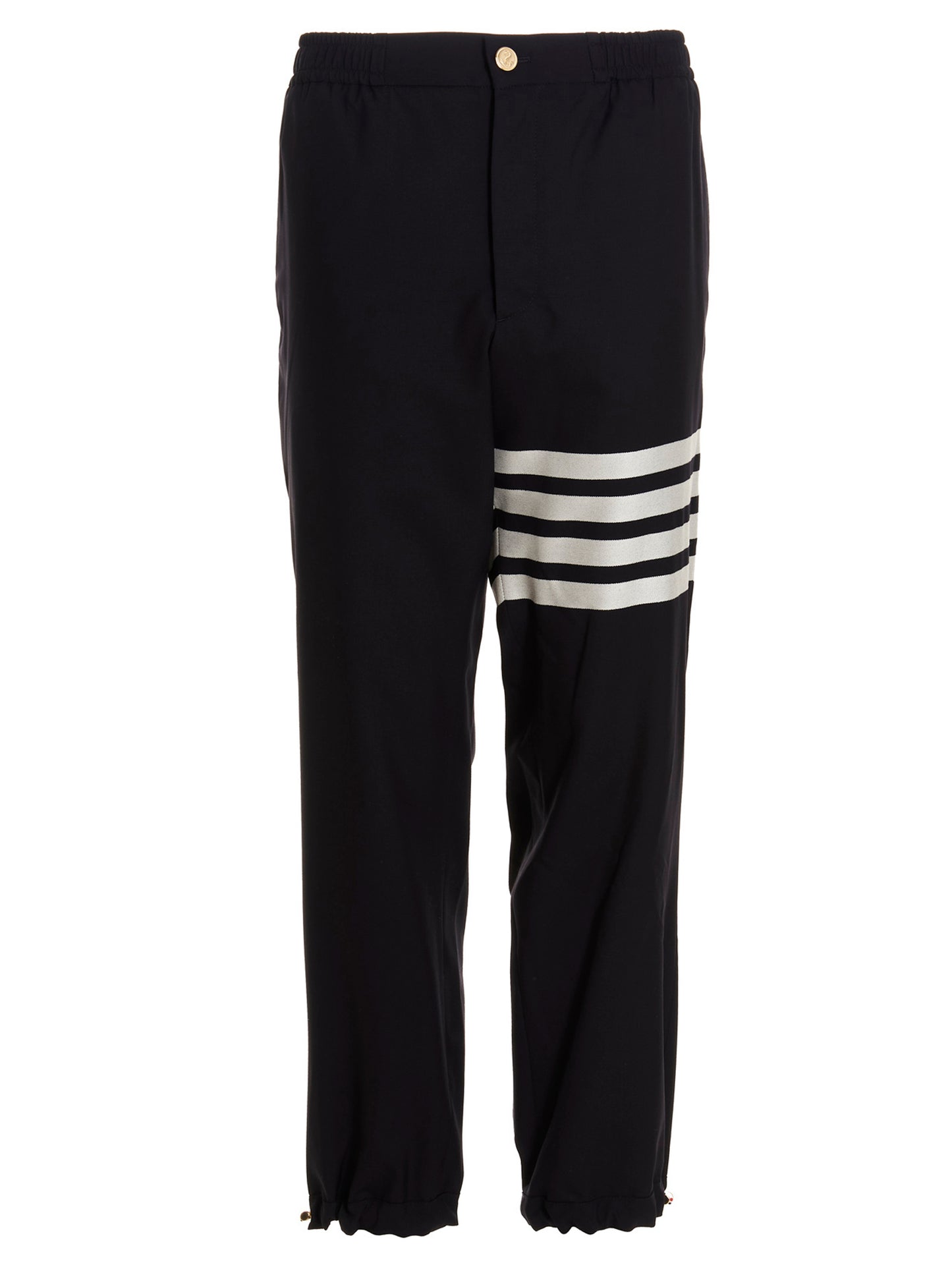 Trousers by Thom Browne for men in wool blue presents a perennial silhouette, meticulously tailored with a athletic cut, long finish, and an elegant .