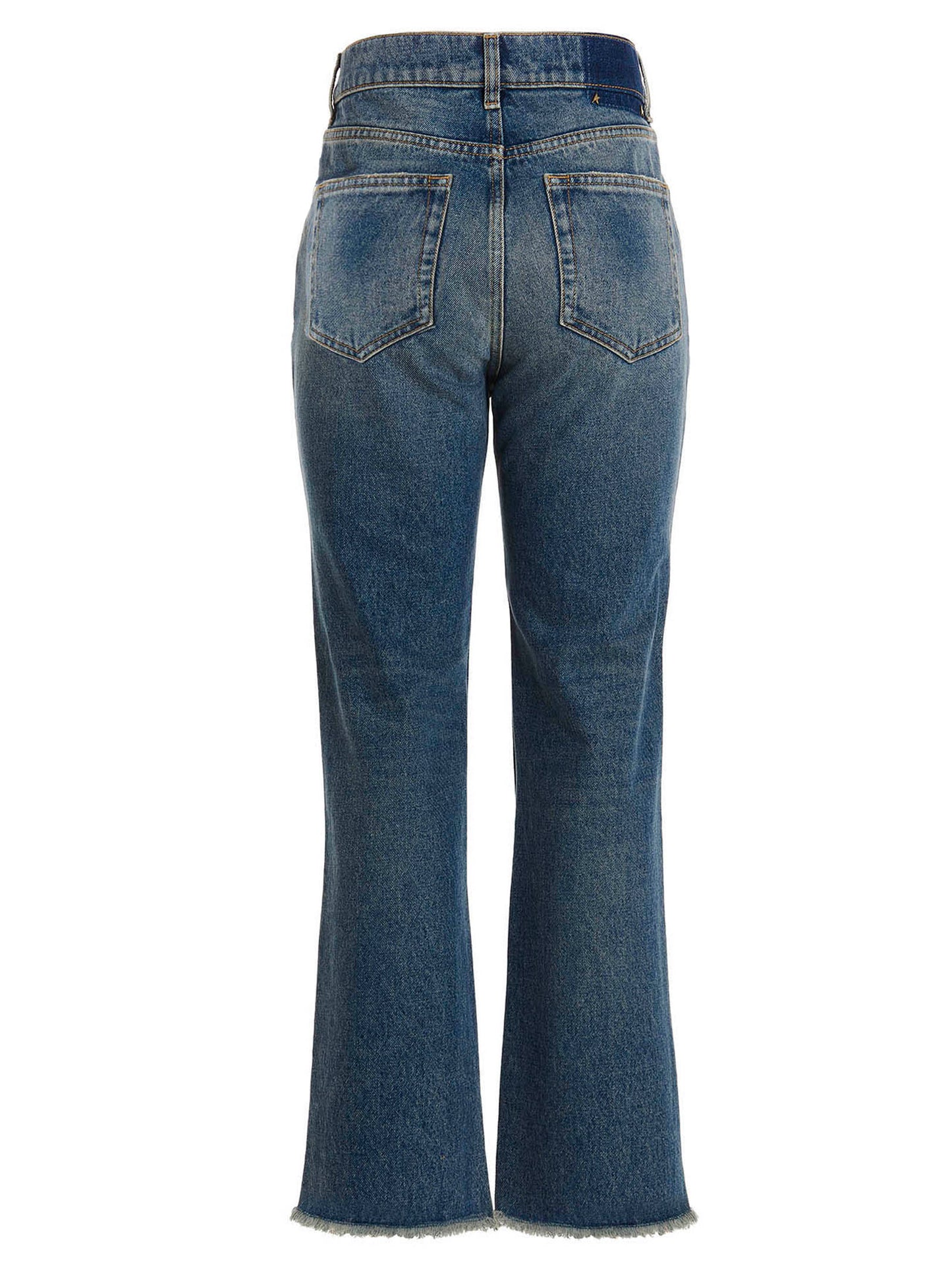 Jeans by Golden Goose for women in denim cotton blue presents a refined pantology silhouette, artfully defined by a refined pantology flared, long, and a sophisticated high rise.
