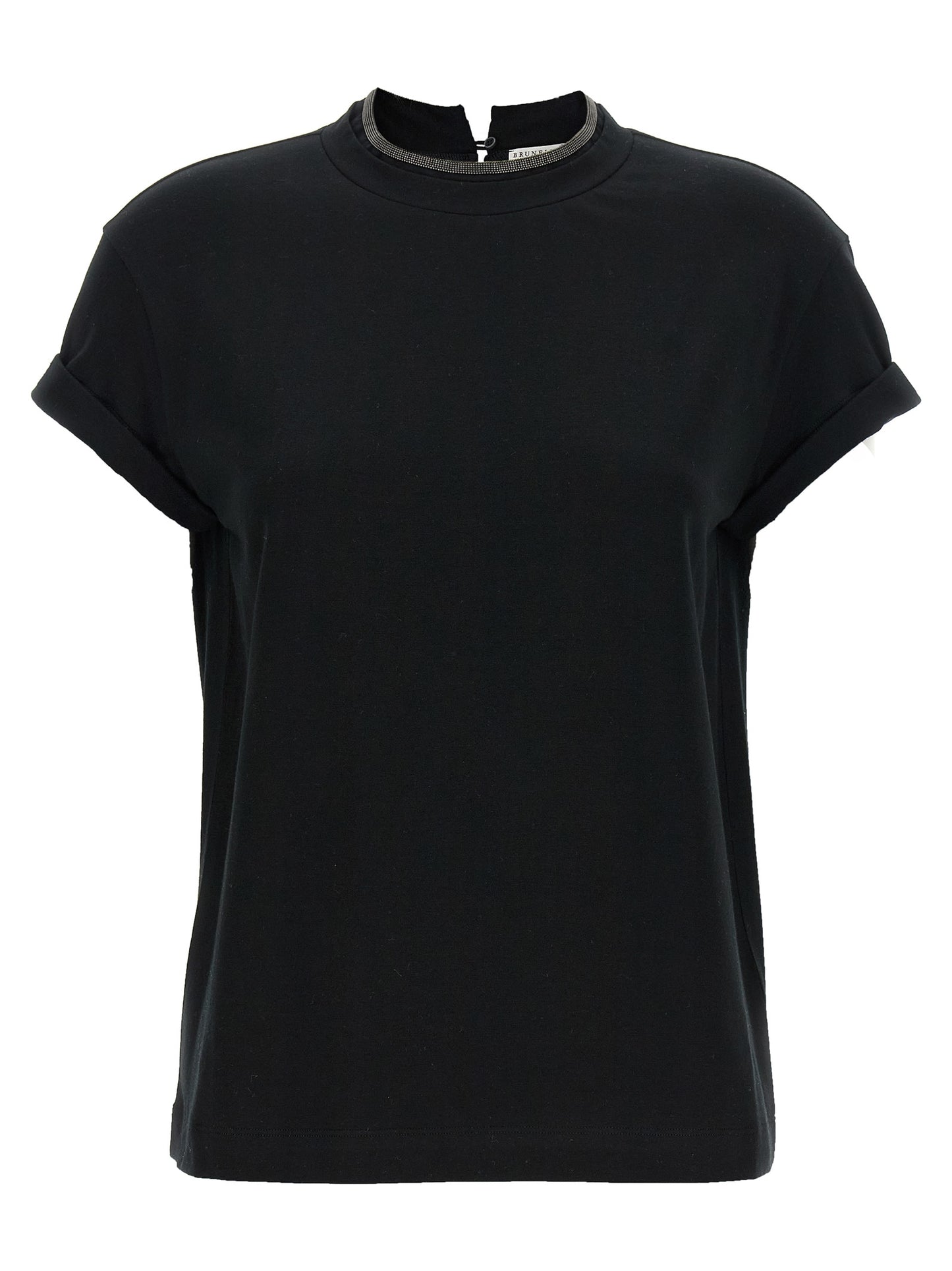 T-Shirt by Brunello Cucinelli for women in stretch cotton black features an edgy silhouette, meticulously detailed with a sophisticated short-sleeve and crew neckline for a truly edgy finish.