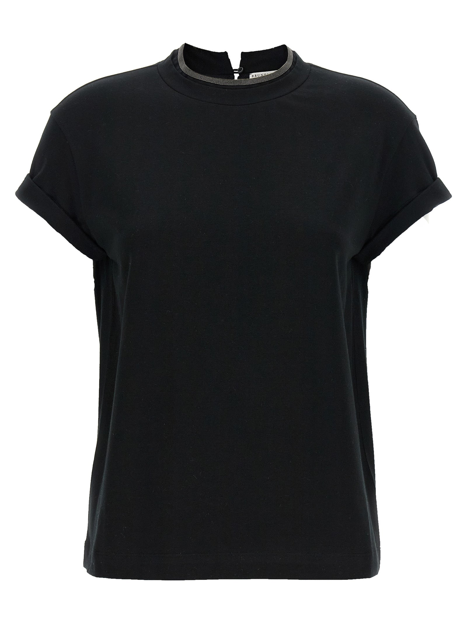 T-Shirt by Brunello Cucinelli for women in stretch cotton black features an edgy silhouette, meticulously detailed with a sophisticated short-sleeve and crew neckline for a truly edgy finish.
