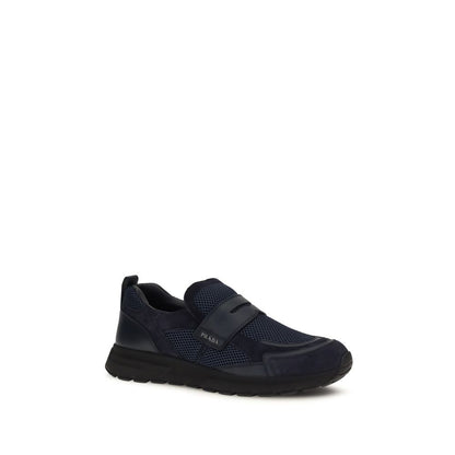 Athletic Sneakers by Prada for men in bos taurus suede calf leather blue features an exquisite silhouette, showcasing the premium athletic style of the Men's Athletic Bos Taurus Suede Calf Leather Sneakers with an exquisite finish.