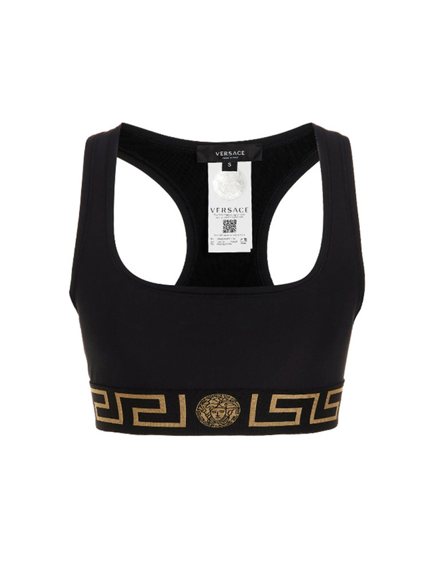 Sport Bra by Versace for women in stretch polyamide black showcases a edgy silhouette, artfully capturing the essence of the edgy Medusa Women's Stretch Polyamide Sport Bra design for a sophisticated look.