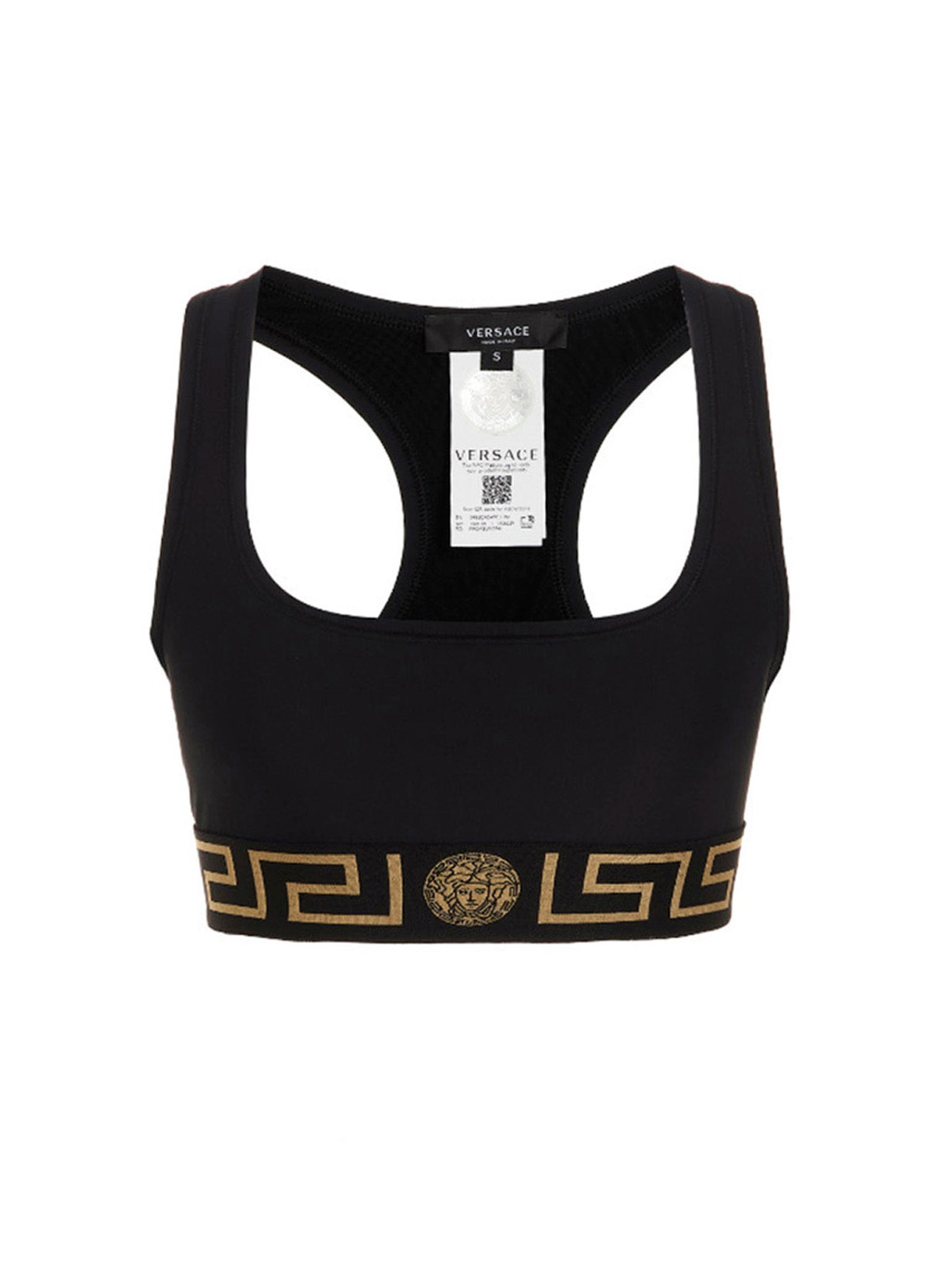 Sport Bra by Versace for women in stretch polyamide black showcases a edgy silhouette, artfully capturing the essence of the edgy Medusa Women's Stretch Polyamide Sport Bra design for a sophisticated look.