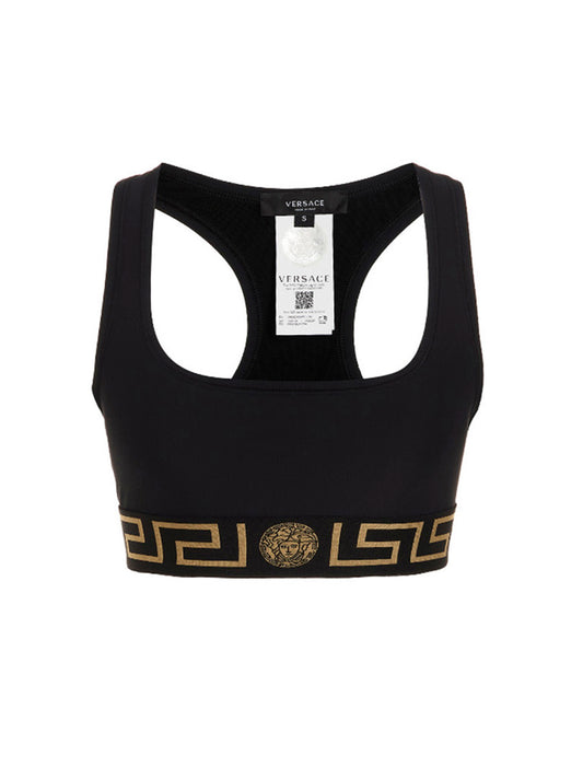 Sport Bra by Versace for women in stretch polyamide black showcases a edgy silhouette, artfully capturing the essence of the edgy Medusa Women's Stretch Polyamide Sport Bra design for a sophisticated look.