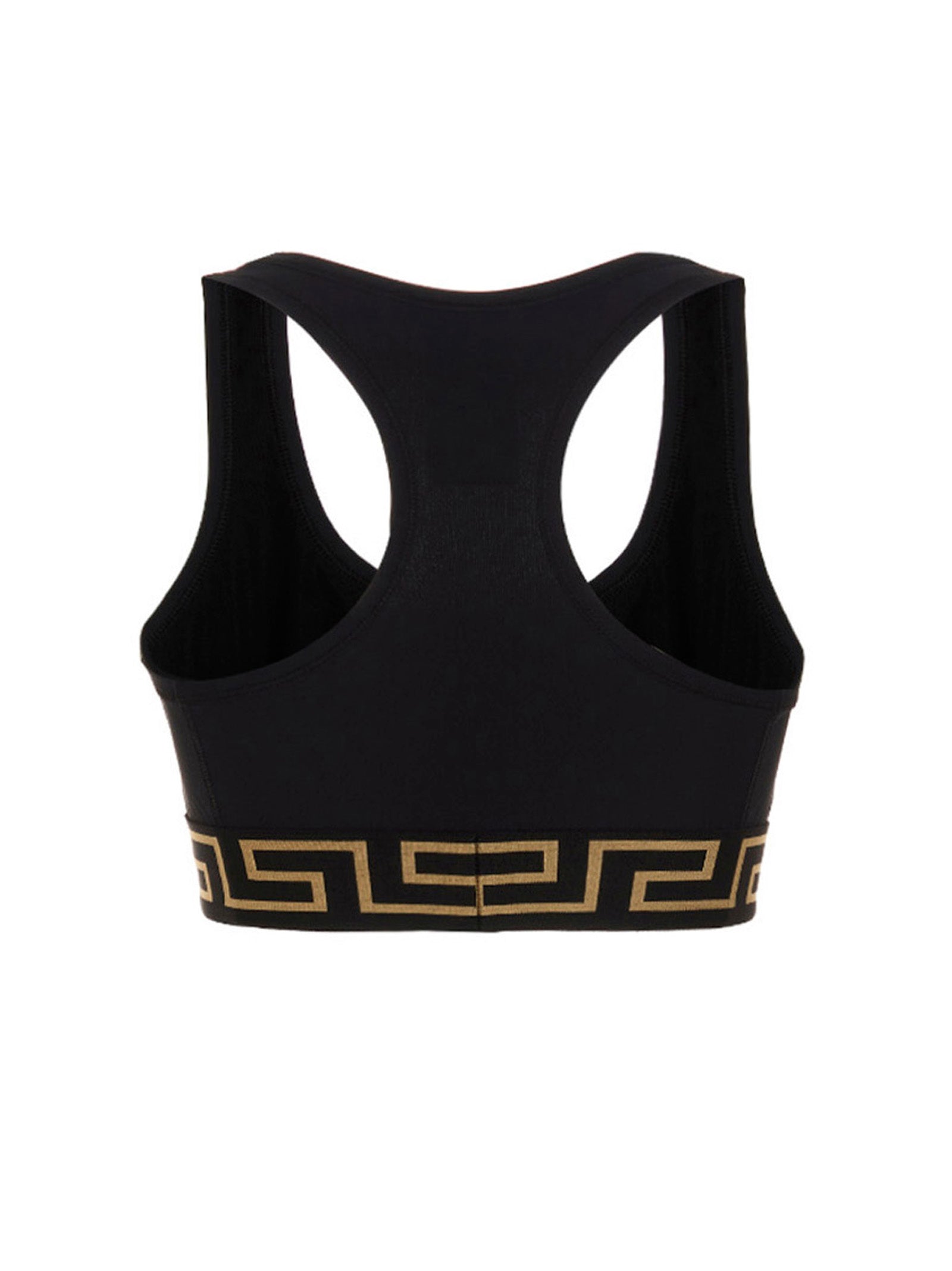 Sport Bra by Versace for women in stretch polyamide black features a comfortable silhouette, showcasing the comfortable design of this Medusa Women's Stretch Polyamide Sport Bra.