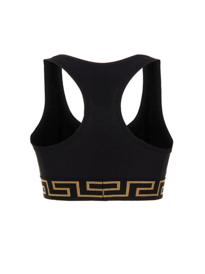 Sport Bra by Versace for women in stretch polyamide black features a comfortable silhouette, showcasing the comfortable design of this Medusa Women's Stretch Polyamide Sport Bra.