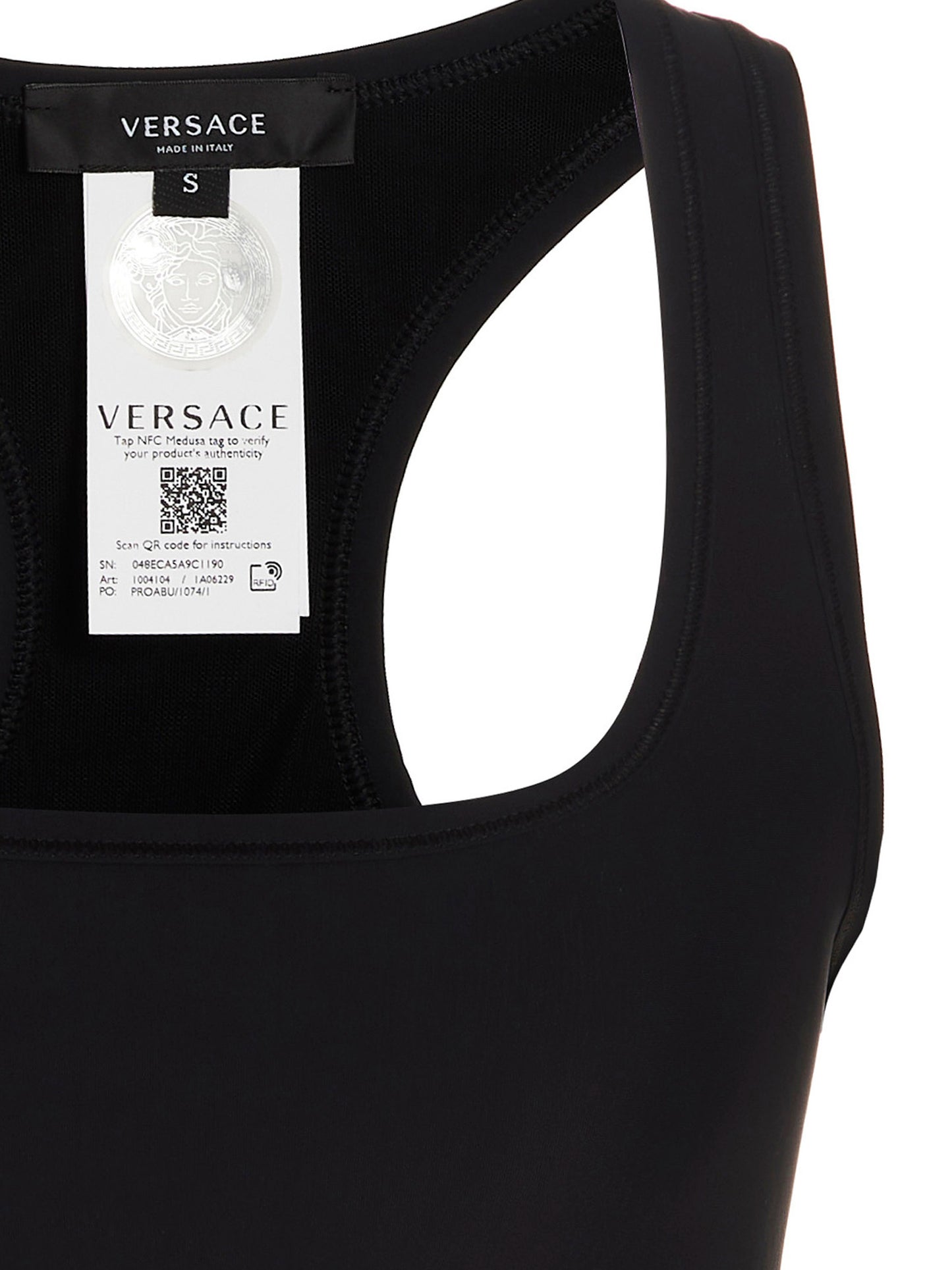 Sport Bra by Versace for women in stretch polyamide black features a athletic silhouette, showcasing the Medusa Women's Stretch Polyamide Sport Bra design with a athletic fit.