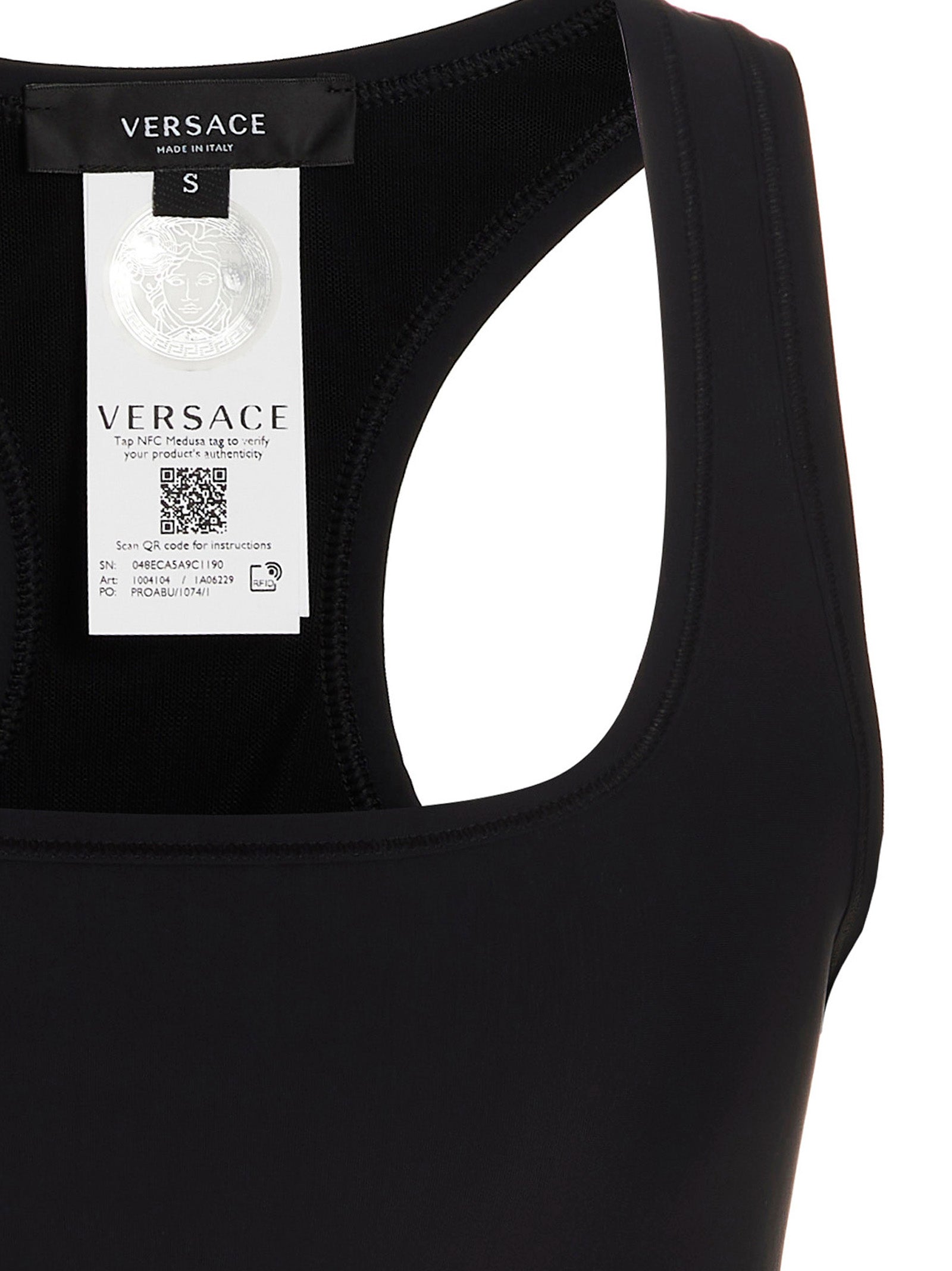 Sport Bra by Versace for women in stretch polyamide black features a athletic silhouette, showcasing the Medusa Women's Stretch Polyamide Sport Bra design with a athletic fit.