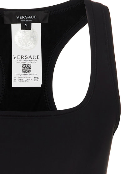 Sport Bra by Versace for women in stretch polyamide black features a athletic silhouette, showcasing the Medusa Women's Stretch Polyamide Sport Bra design with a athletic fit.
