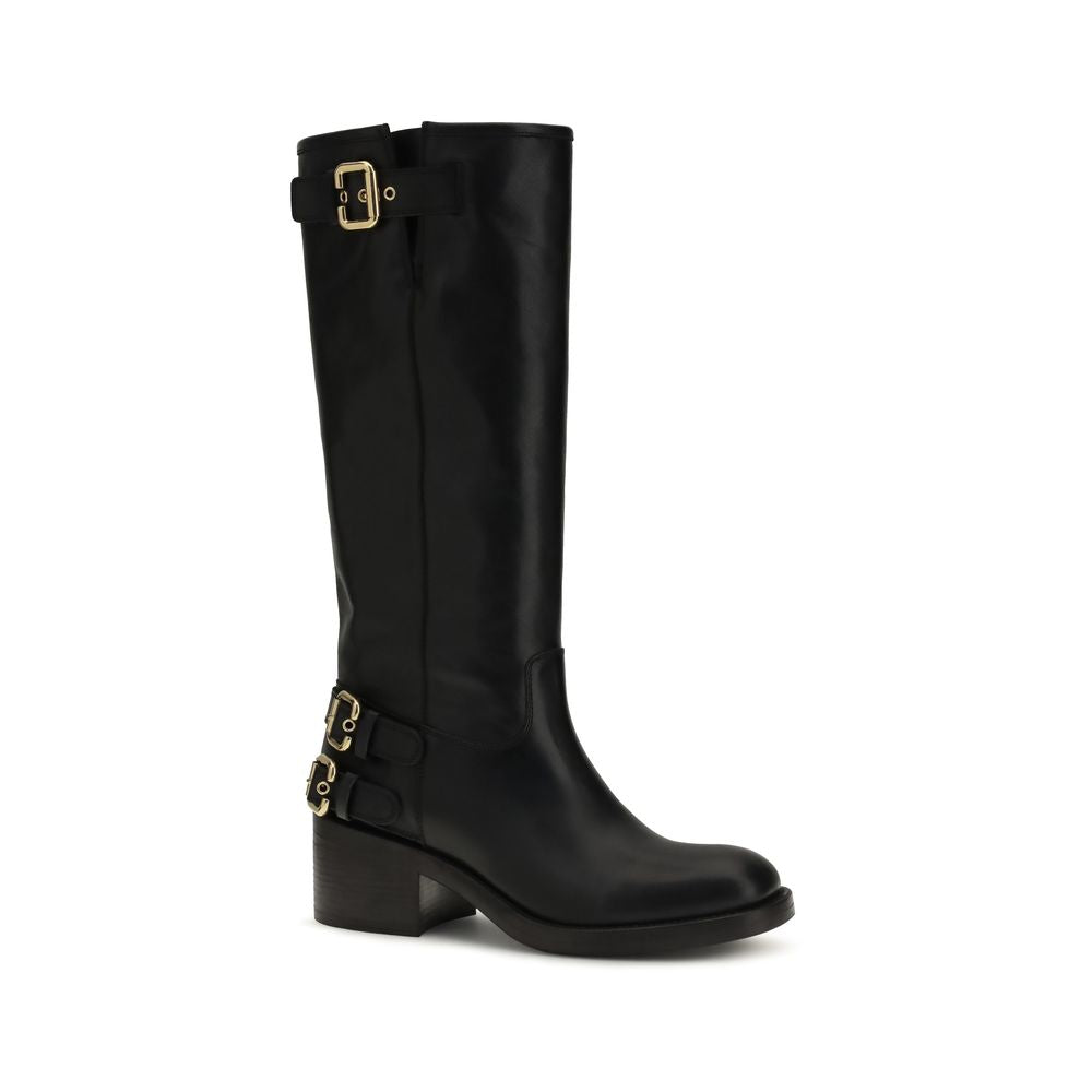 Flat Biker High Knee-High Boots by Chloé for women in bos taurus calfskin leather black & silver showcases a ergonomic silhouette from the Paddington Women's Bos Taurus Calfskin Leather Flat Biker High Knee-High Boots collection, featuring a ergonomic flat and a ergonomic .