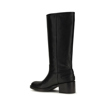 Flat Biker High Knee-High Boots by Chloé for women in bos taurus calfskin leather black & silver showcases a impeccable silhouette as Paddington Women's Bos Taurus Calfskin Leather Flat Biker High Knee-High Boots, artfully defined by a impeccable flat and a impeccable .
