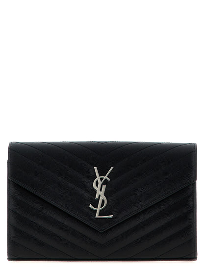 Saint Laurent Cassandre De Poudre Calfskin Leather Quilted Flap Clutch Handbag - Black