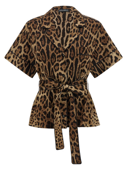 Blouse by Dolce & Gabbana for women in silk black, brown, leopard-print & print features an architectural silhouette with a refined short-sleeve and elegant for a architectural look.