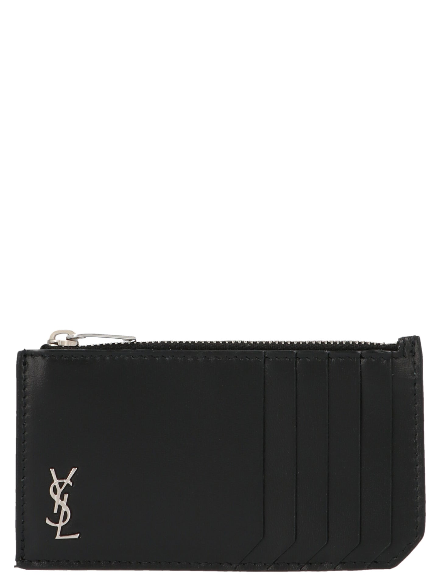 Cardholder Card Case by Saint Laurent for men in bos taurus calfskin leather black & silver features a distinguished silhouette, showcasing the distinguished design of the Bos Taurus Calfskin Leather Cardholder Card Case with refined card-organization.