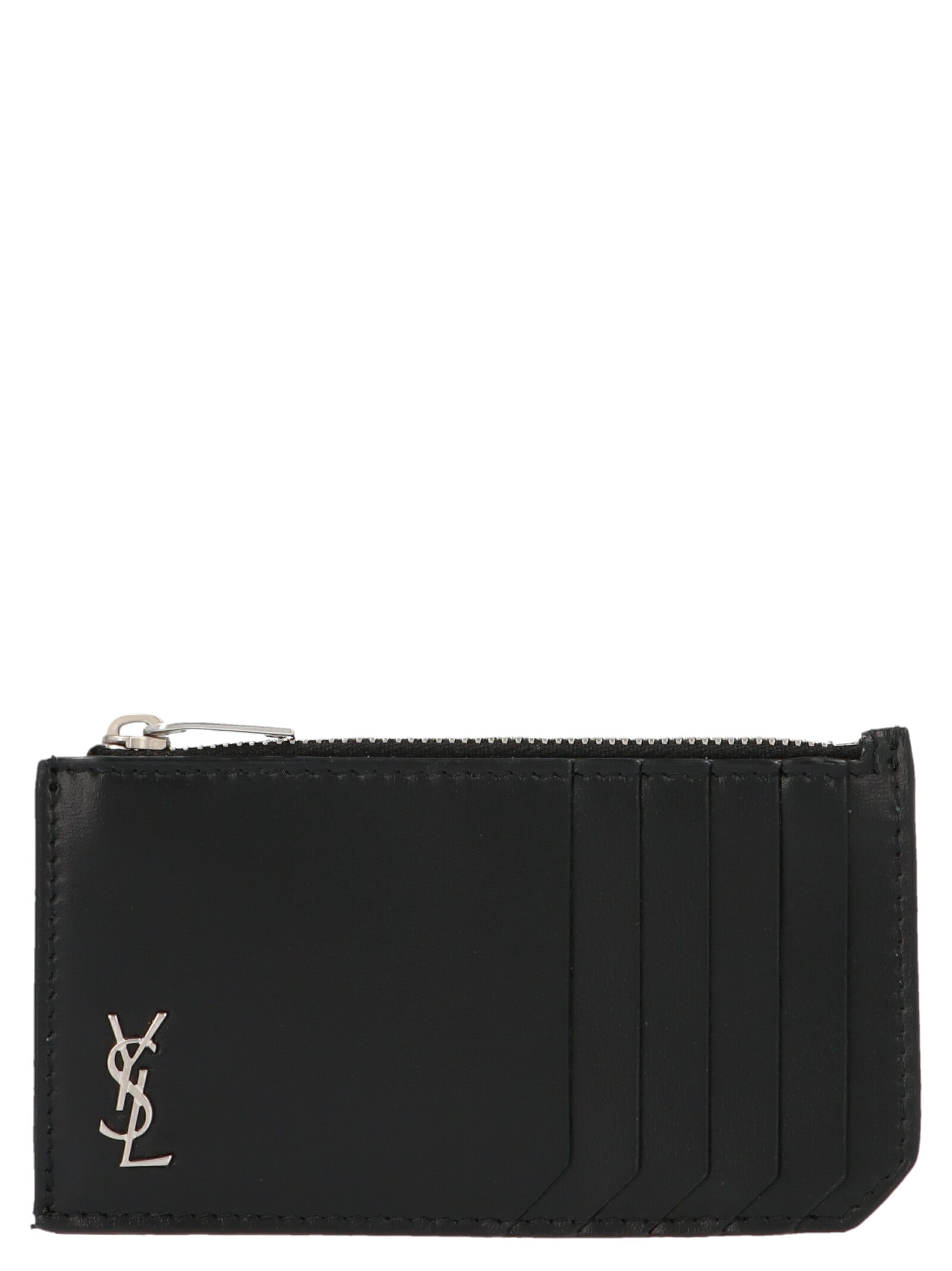 Cardholder Card Case by Saint Laurent for men in bos taurus calfskin leather black & silver features a distinguished silhouette, showcasing the distinguished design of the Bos Taurus Calfskin Leather Cardholder Card Case with refined card-organization.