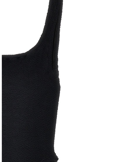 One-Piece Swimsuit by Hunza G for women in stretch polyamide black & signature showcases a captivating silhouette, artfully capturing the essence of the captivating Women's Stretch Polyamide One-Piece Swimsuit design for a sophisticated look.