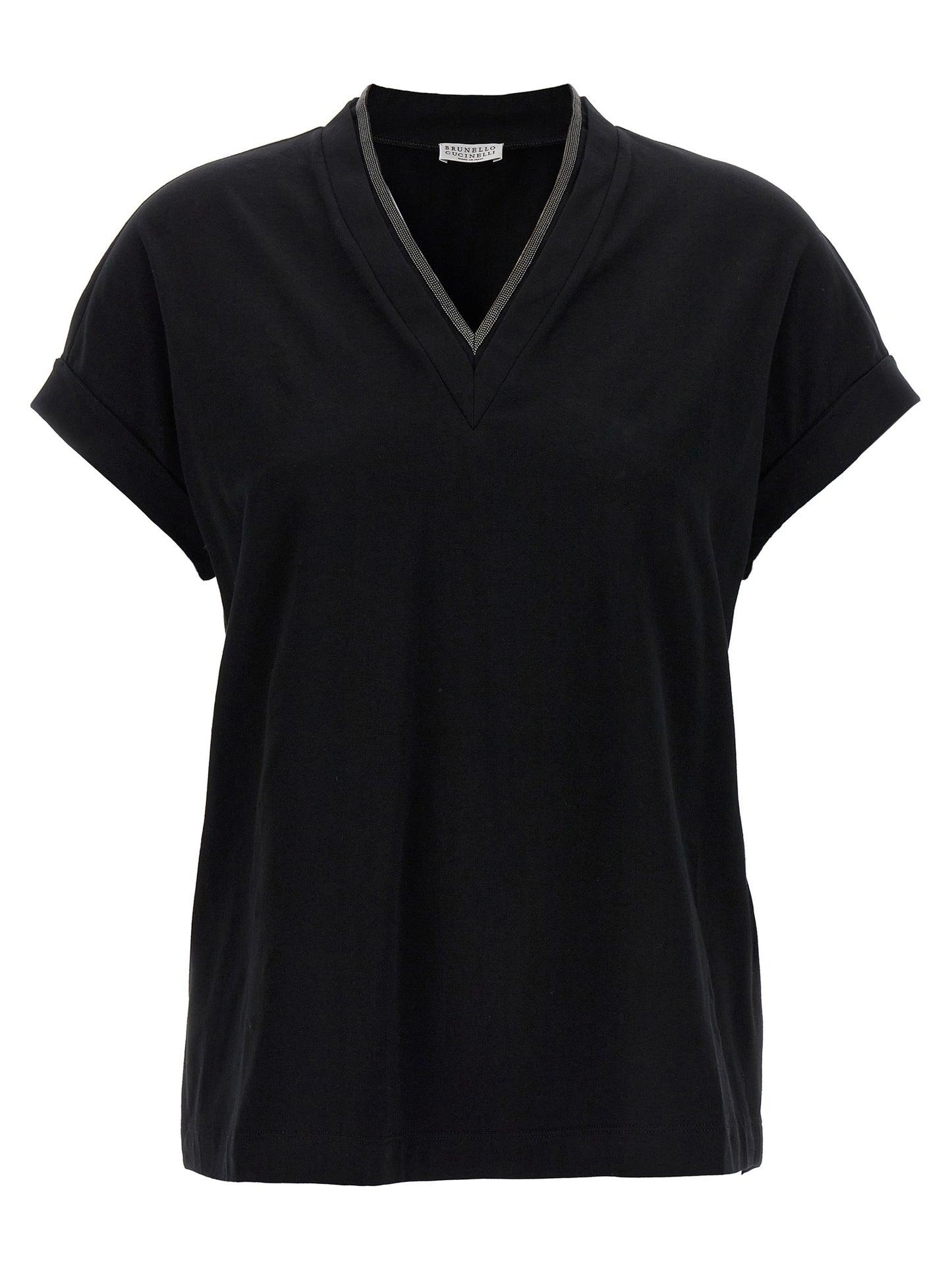 T-Shirt by Brunello Cucinelli for women in stretch cotton black & signature features an edgy silhouette, meticulously detailed with a sophisticated and v-neck neckline for a truly edgy finish.