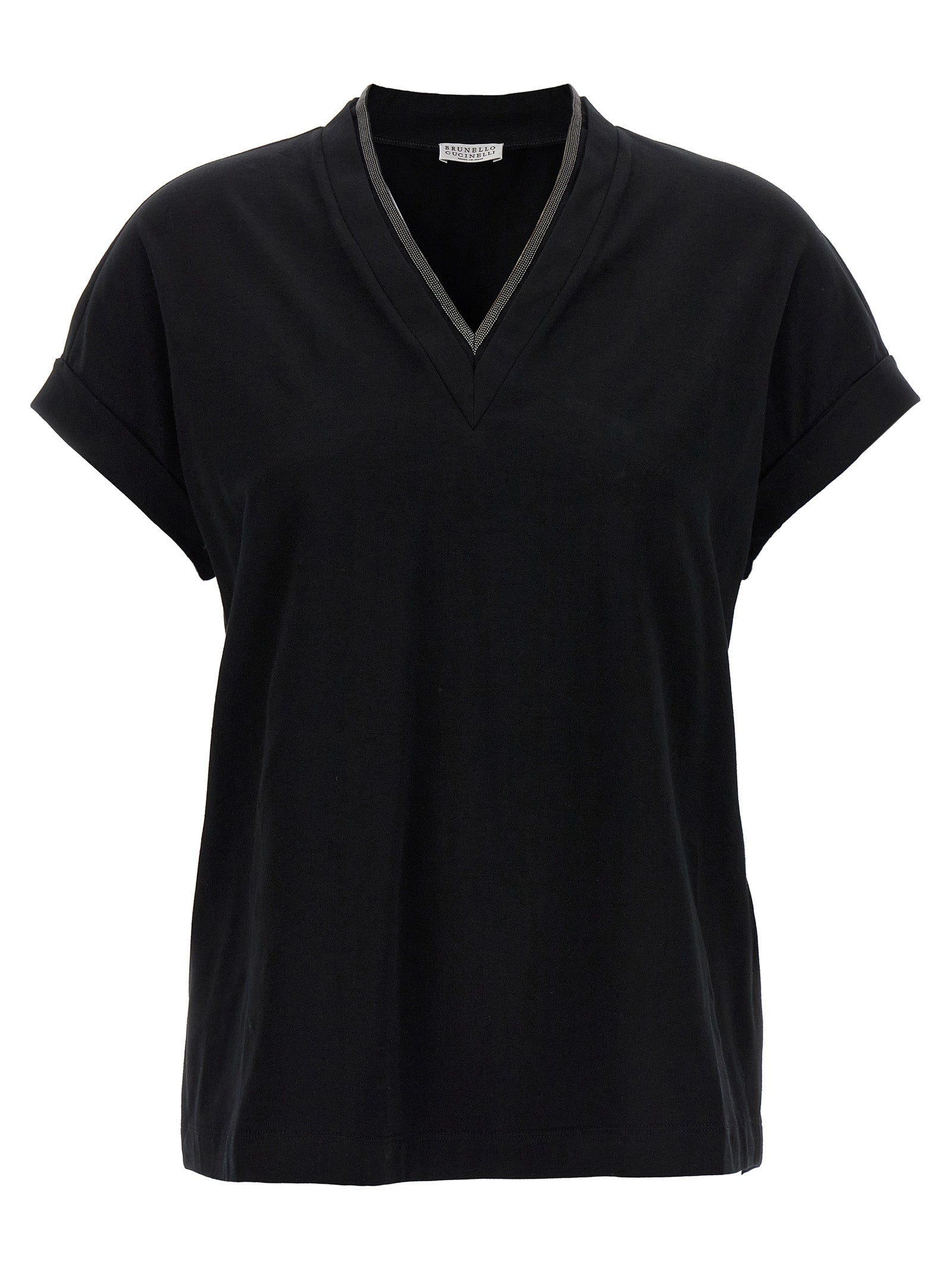 T-Shirt by Brunello Cucinelli for women in stretch cotton black & signature features an edgy silhouette, meticulously detailed with a sophisticated and v-neck neckline for a truly edgy finish.