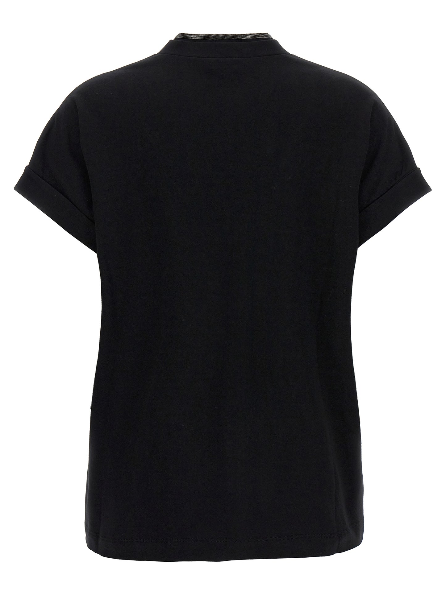 T-Shirt by Brunello Cucinelli for women in stretch cotton black & signature showcases a unassuming silhouette, artfully detailed with a refined v-neck neckline and unassuming for a sophisticated, contemporary look.