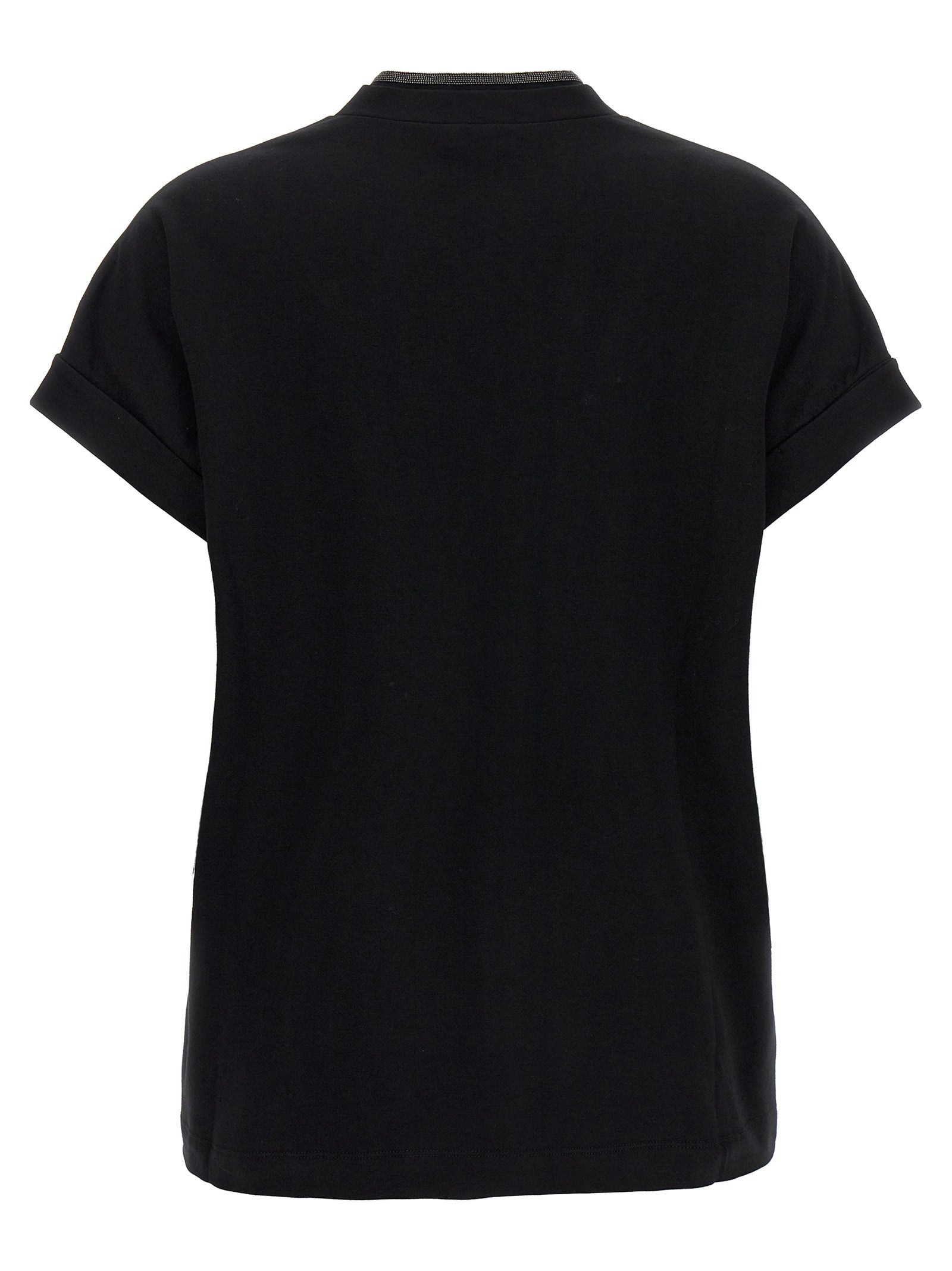 T-Shirt by Brunello Cucinelli for women in stretch cotton black & signature showcases a unassuming silhouette, artfully detailed with a refined v-neck neckline and unassuming for a sophisticated, contemporary look.