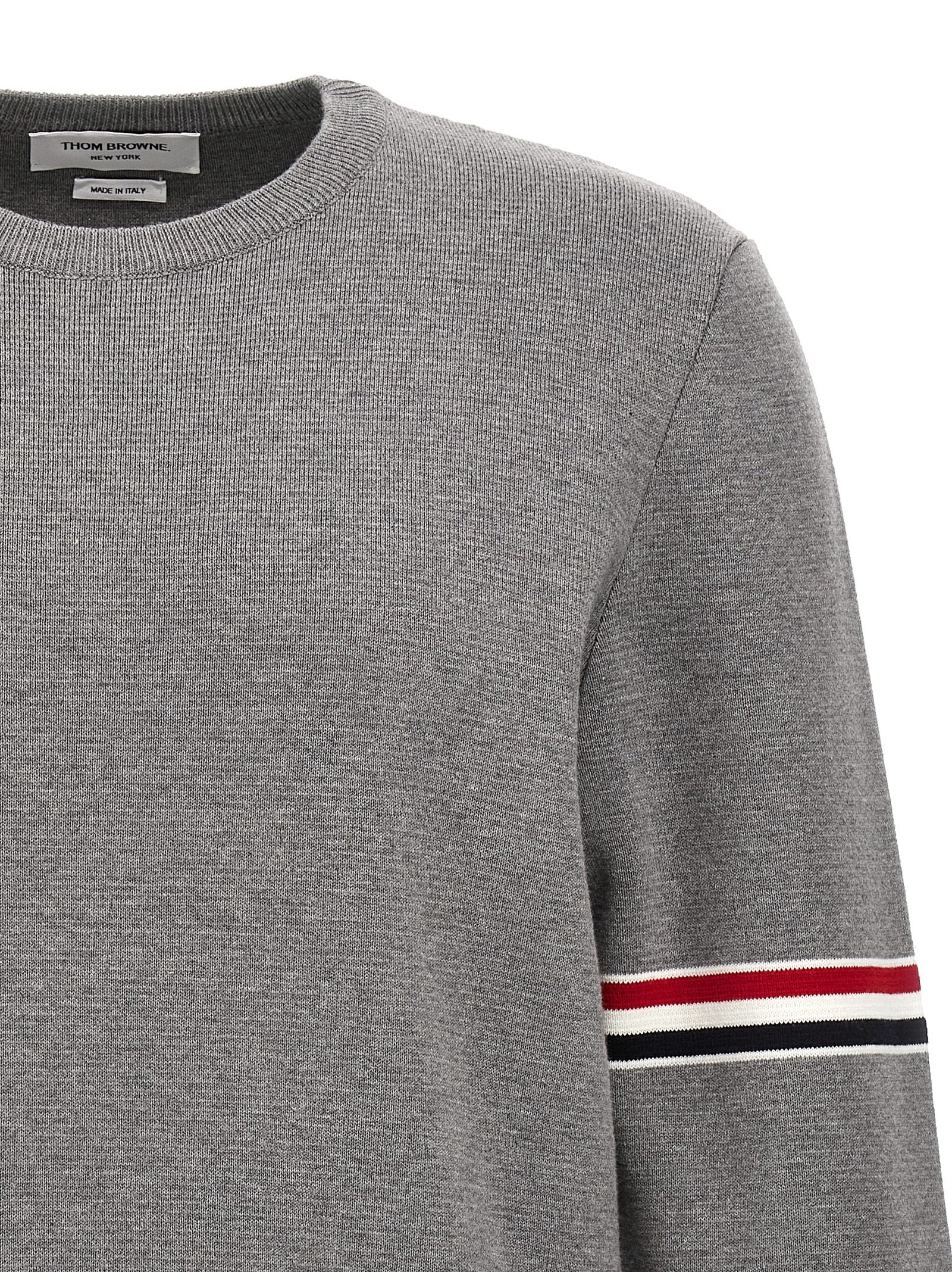Cardigan by Thom Browne for men in cotton gray, patterned & signature features an impeccable silhouette, showcasing a sophisticated and detail for a truly impeccable finish.
