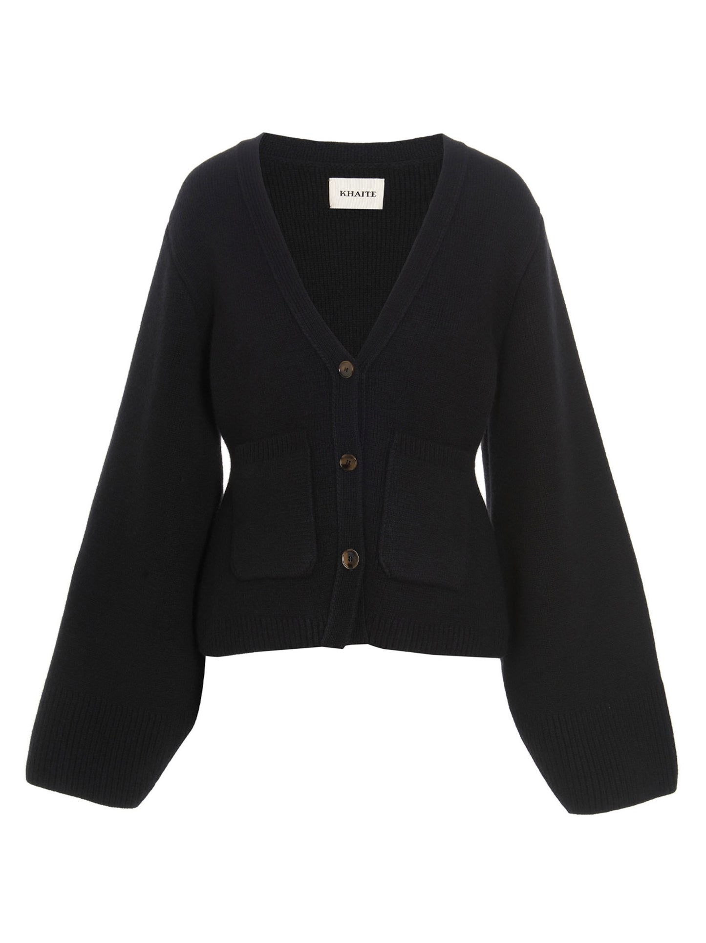 Cardigan by Khaite for women in cashmere black showcases a captivating silhouette, artfully detailed with a captivating and v-neck neckline for a truly sophisticated captivating look.