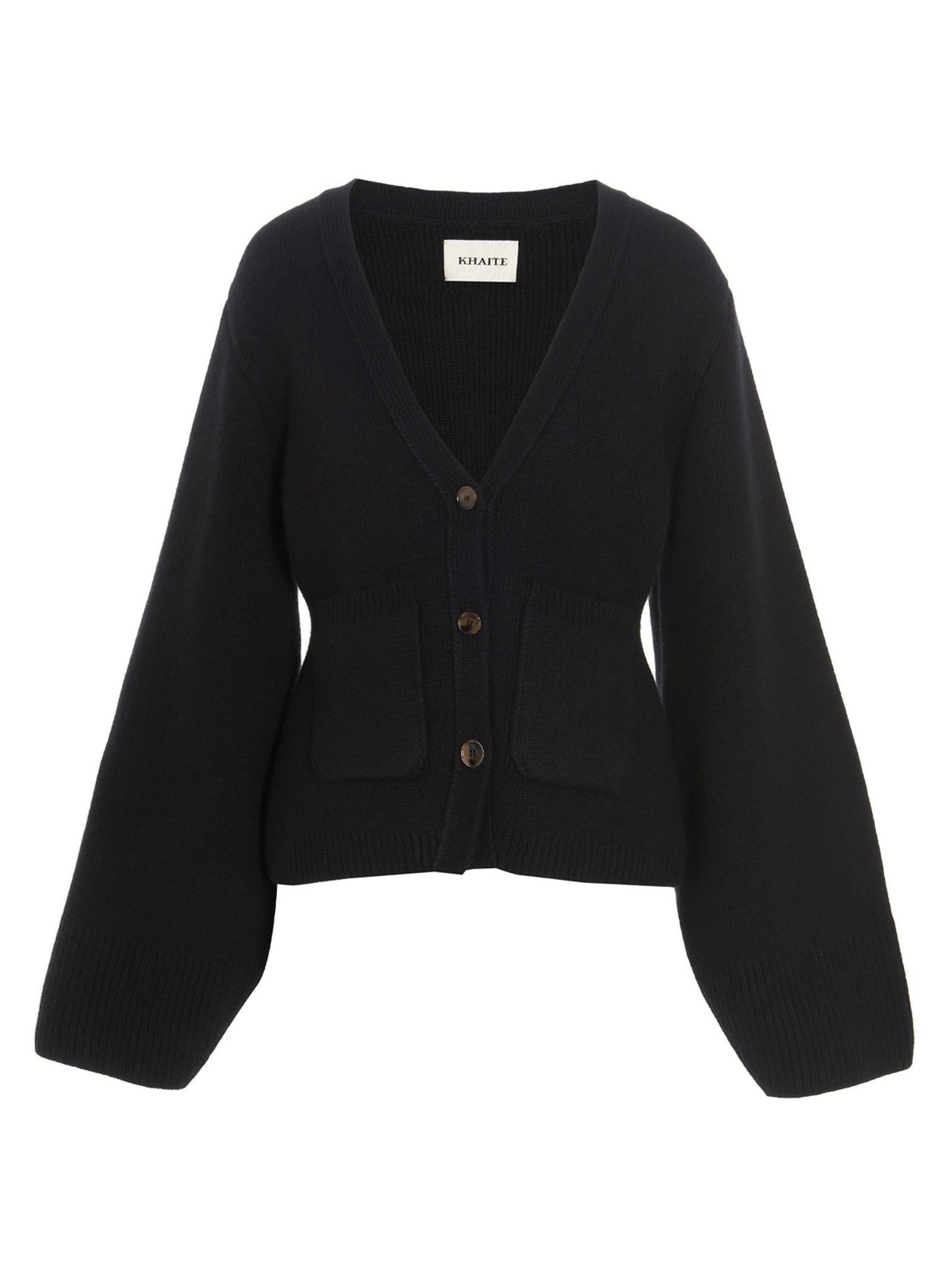 Cardigan by Khaite for women in cashmere black showcases a captivating silhouette, artfully detailed with a captivating and v-neck neckline for a truly sophisticated captivating look.