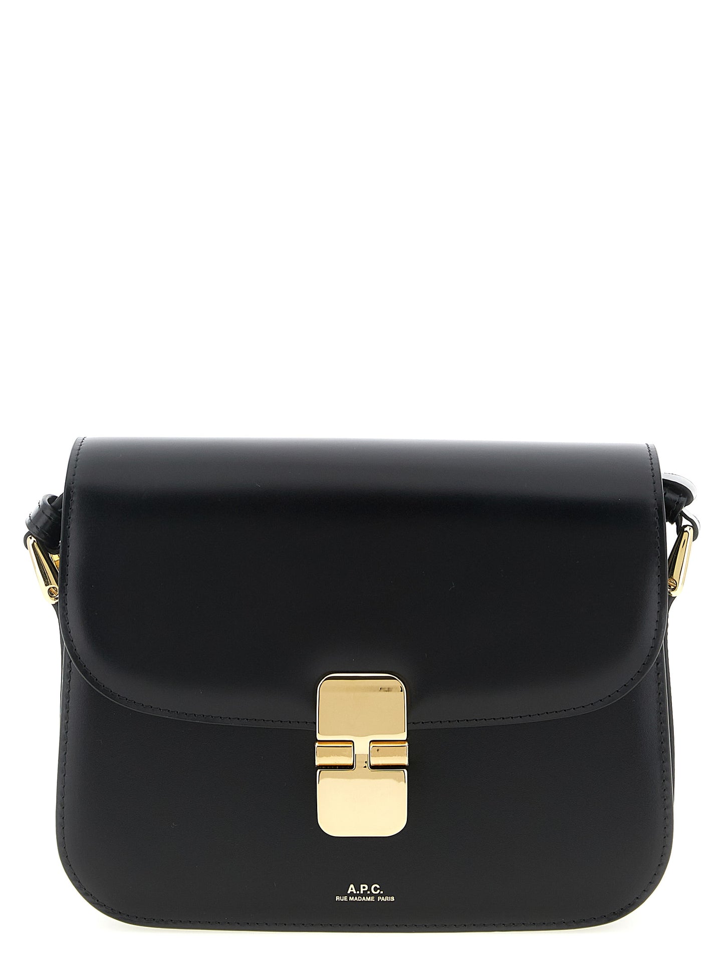 Small Crossbody Flap Handbag by A.P.C. for women in cowhide leather black & gold features a transformative elegance silhouette, showcasing a secure flap, organized , and versatile crossbody-strap, shoulder-strap & adjustable-strap for a transformative elegance look.
