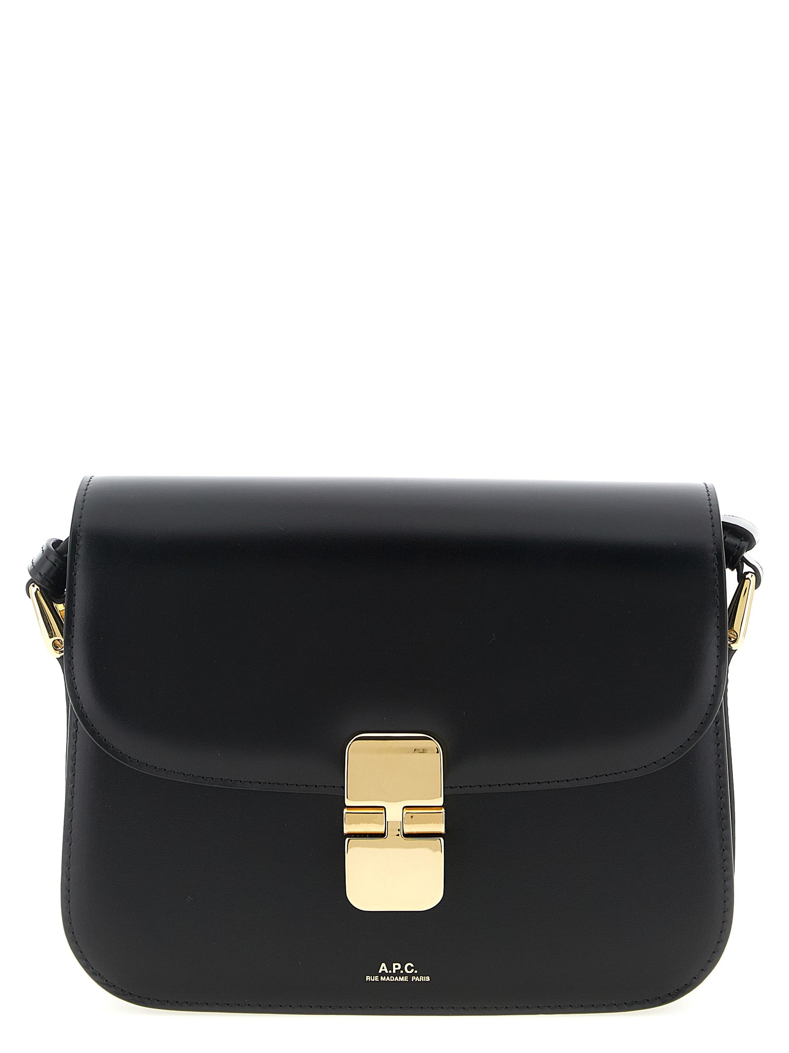 Small Crossbody Flap Handbag by A.P.C. for women in cowhide leather black & gold features a transformative elegance silhouette, showcasing a secure flap, organized , and versatile crossbody-strap, shoulder-strap & adjustable-strap for a transformative elegance look.