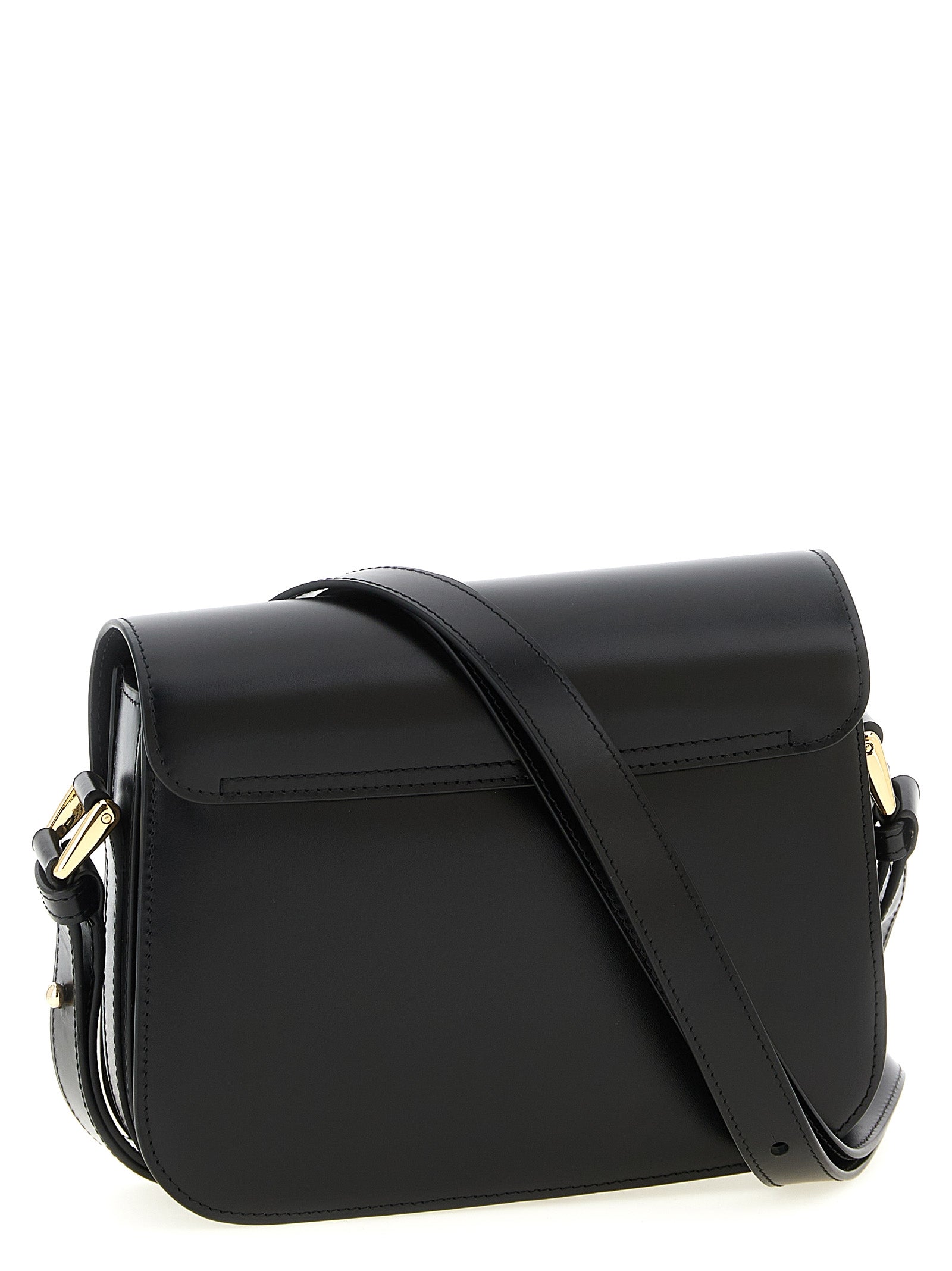 Small Crossbody Flap Handbag by A.P.C. for women in cowhide leather black & gold features a multifaceted silhouette, showcasing a secure flap and multifaceted with versatile crossbody-strap, shoulder-strap & adjustable-strap for multifaceted style.