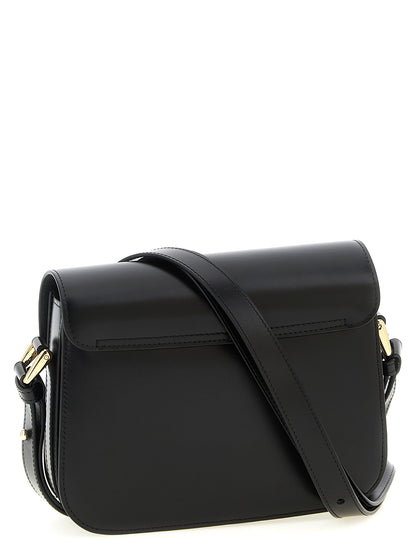 Small Crossbody Flap Handbag by A.P.C. for women in cowhide leather black & gold features a multifaceted silhouette, showcasing a secure flap and multifaceted with versatile crossbody-strap, shoulder-strap & adjustable-strap for multifaceted style.