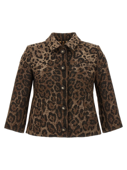 Blazer by Dolce & Gabbana for women in satin polyamide & virgin wool brown, camel, leopard-print, jacquard & print features an crisp silhouette with sophisticated and a crisp shirt-collar neckline for a truly crisp finish.