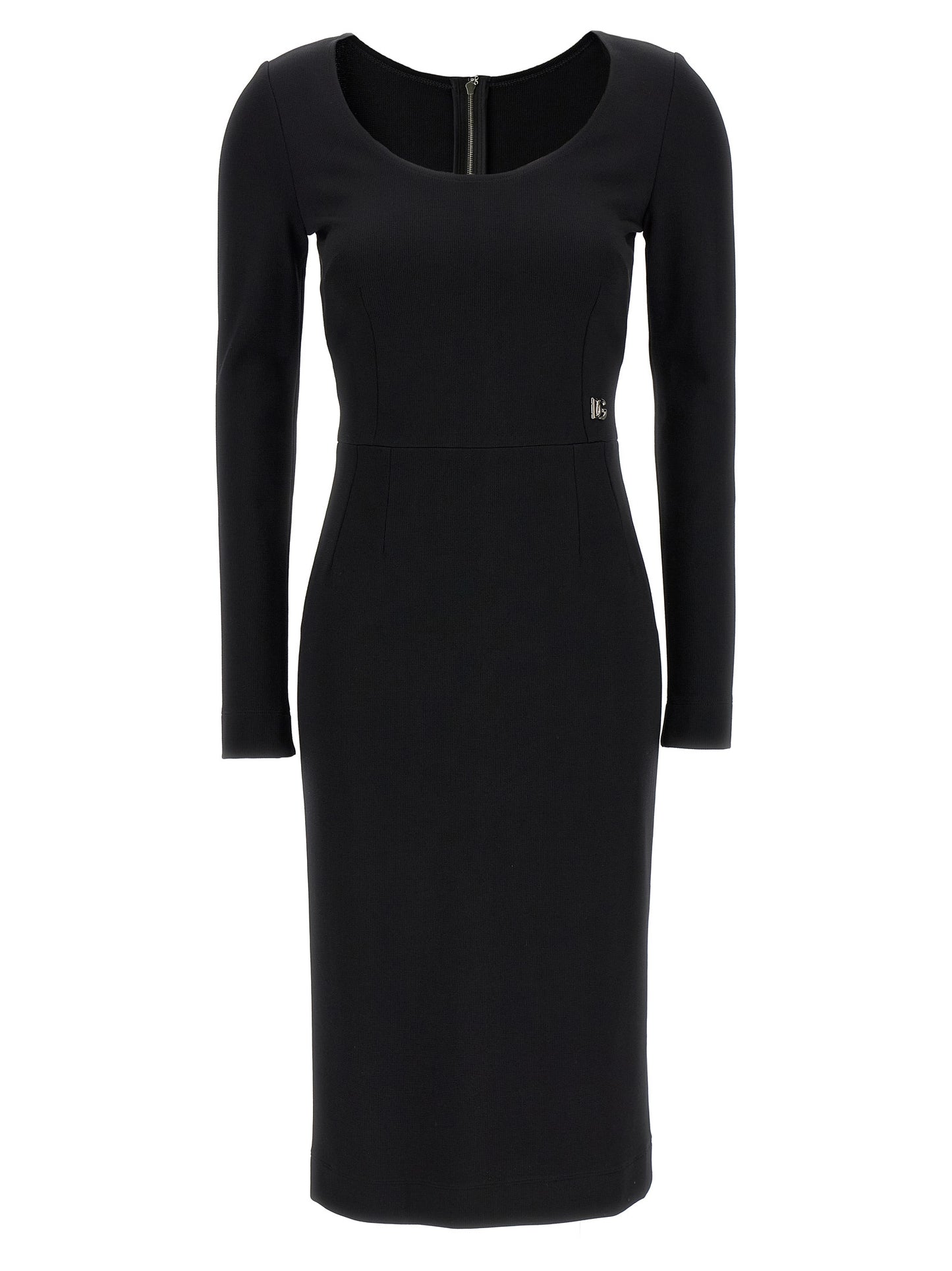 Dress by Dolce & Gabbana for women in viscose & polyamide black features a dramatic silhouette, showcasing an elegant round neckline and that flows into a dramatic midi.