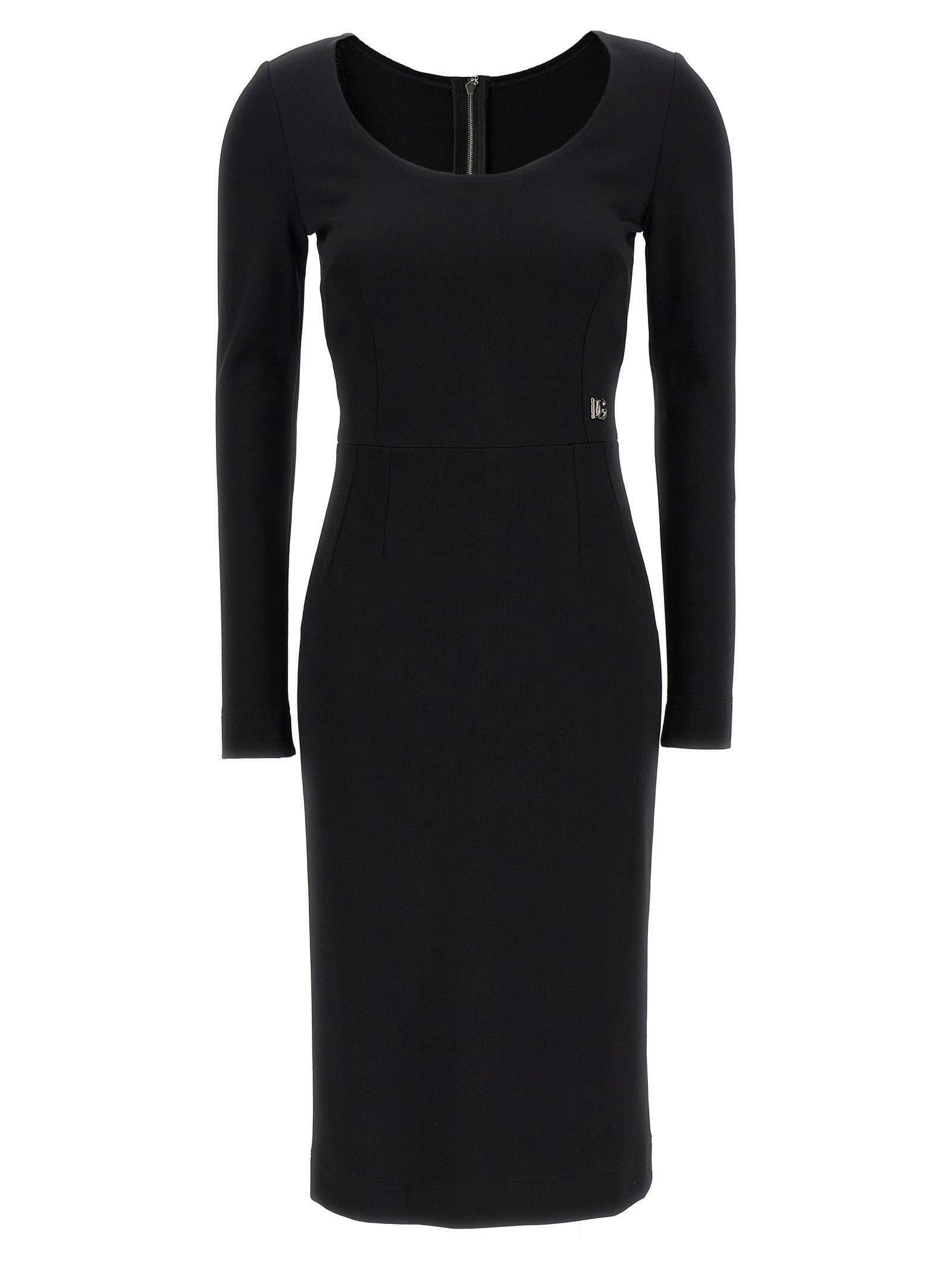 Dress by Dolce & Gabbana for women in viscose & polyamide black features a dramatic silhouette, showcasing an elegant round neckline and that flows into a dramatic midi.