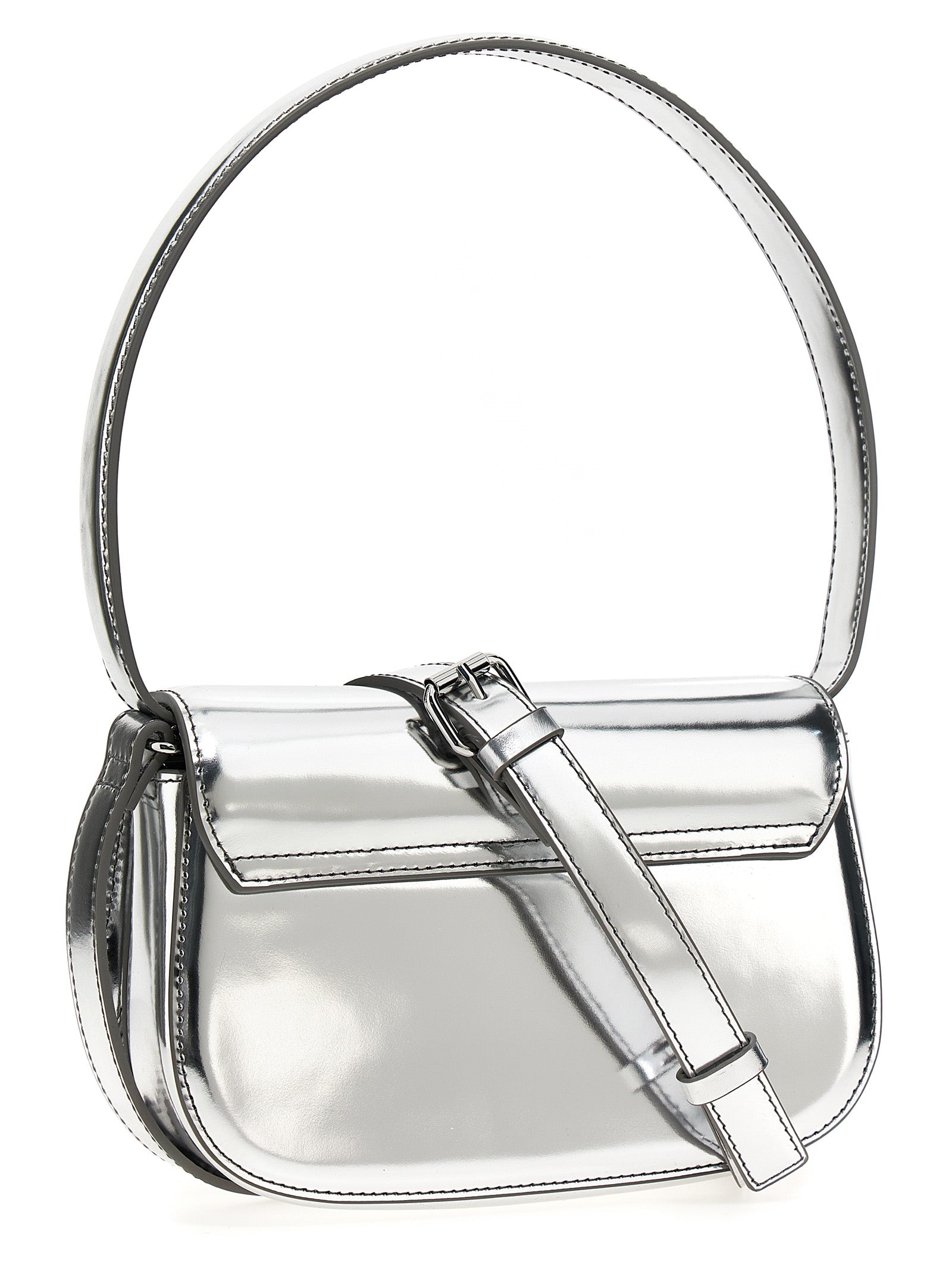 Evening Shoulder Bag by Diesel for women in leather silver & signature presents a versatile silhouette, showcasing a secure flap and versatile with versatile shoulder-strap & adjustable-strap for a sophisticated look.
